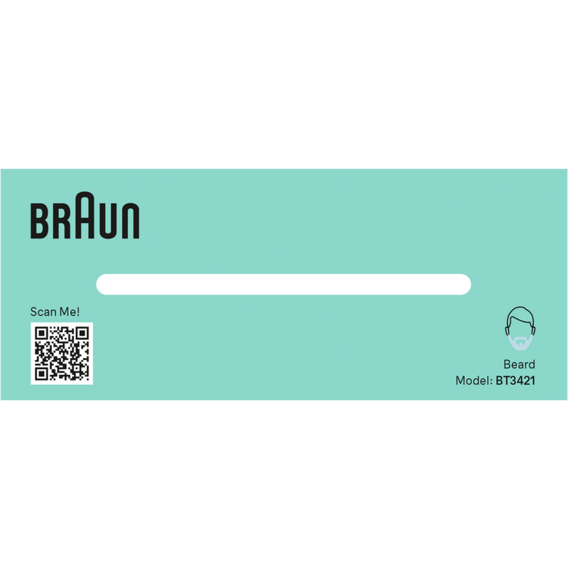 Tarjeta de producto Braun, fondo verde azulado claro. Con código QR, logotipo Braun y modelo de barba BT3421.