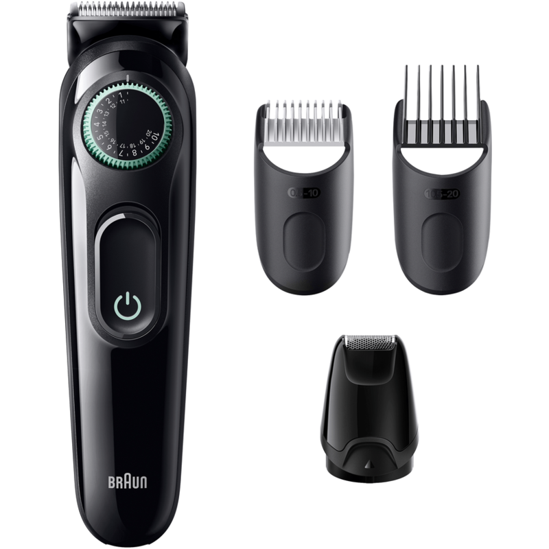 Recortadora de barba Braun negra con accesorios, fondo blanco y negro. Botón de encendido.