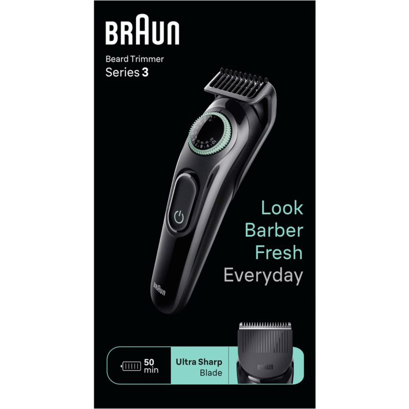 Recortadora de barba Braun negra con dial, botones y cuchilla. Texto: Look Barber Fresh Everyday.