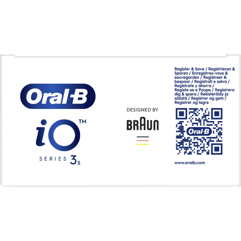 Fondo blanco con logo Oral-B, logo Braun y código QR. Textos: Registrar y guardar.