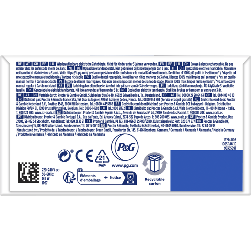Parte trasera de una caja de cepillo dental eléctrico Oral-B con instrucciones multilingües.