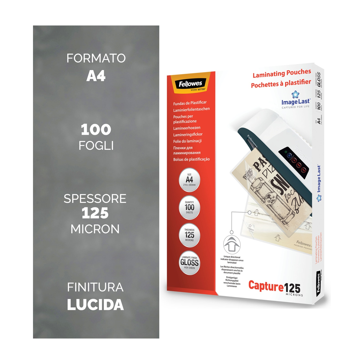Buste per plastificazione. La confezione mostra un campione con la foto di una carta stampata.