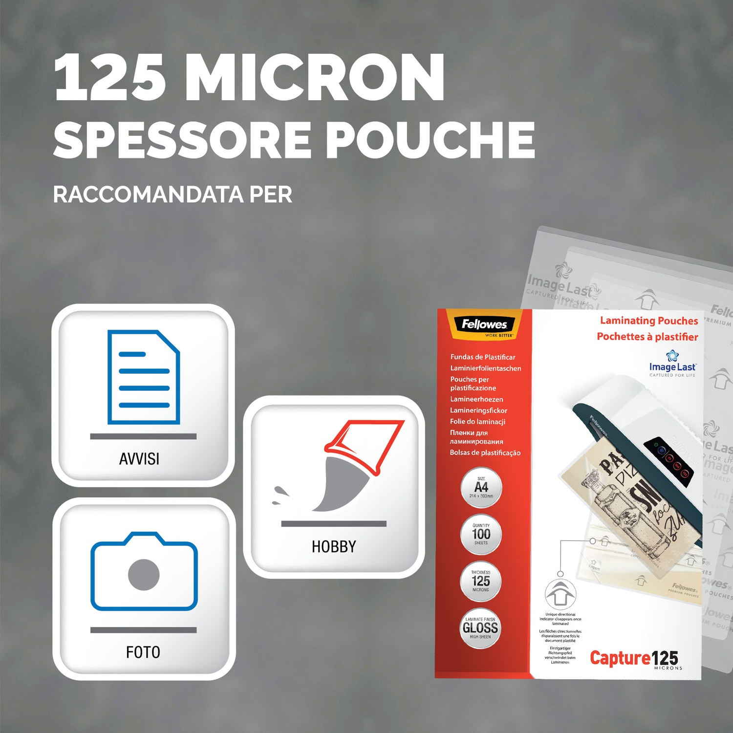 Immagine di buste per plastificazione e i loro usi, con icone e descrizioni dei prodotti.