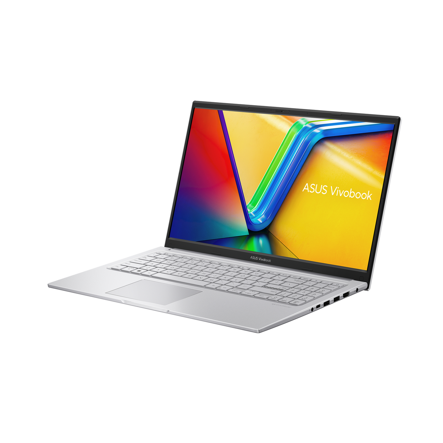 Un portátil plateado con una pantalla colorida que muestra el logotipo 'ASUS Vivobook'. El portátil está abierto.