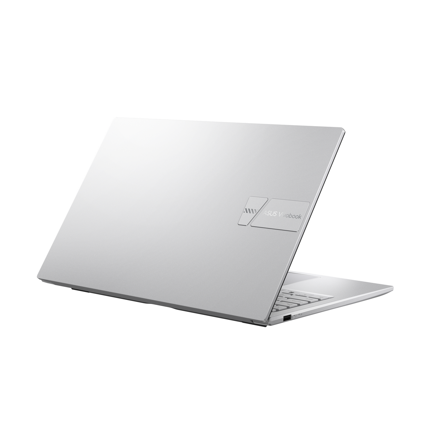 Laptop plateado, vista trasera, con logo ASUS Vivobook. Fondo blanco.