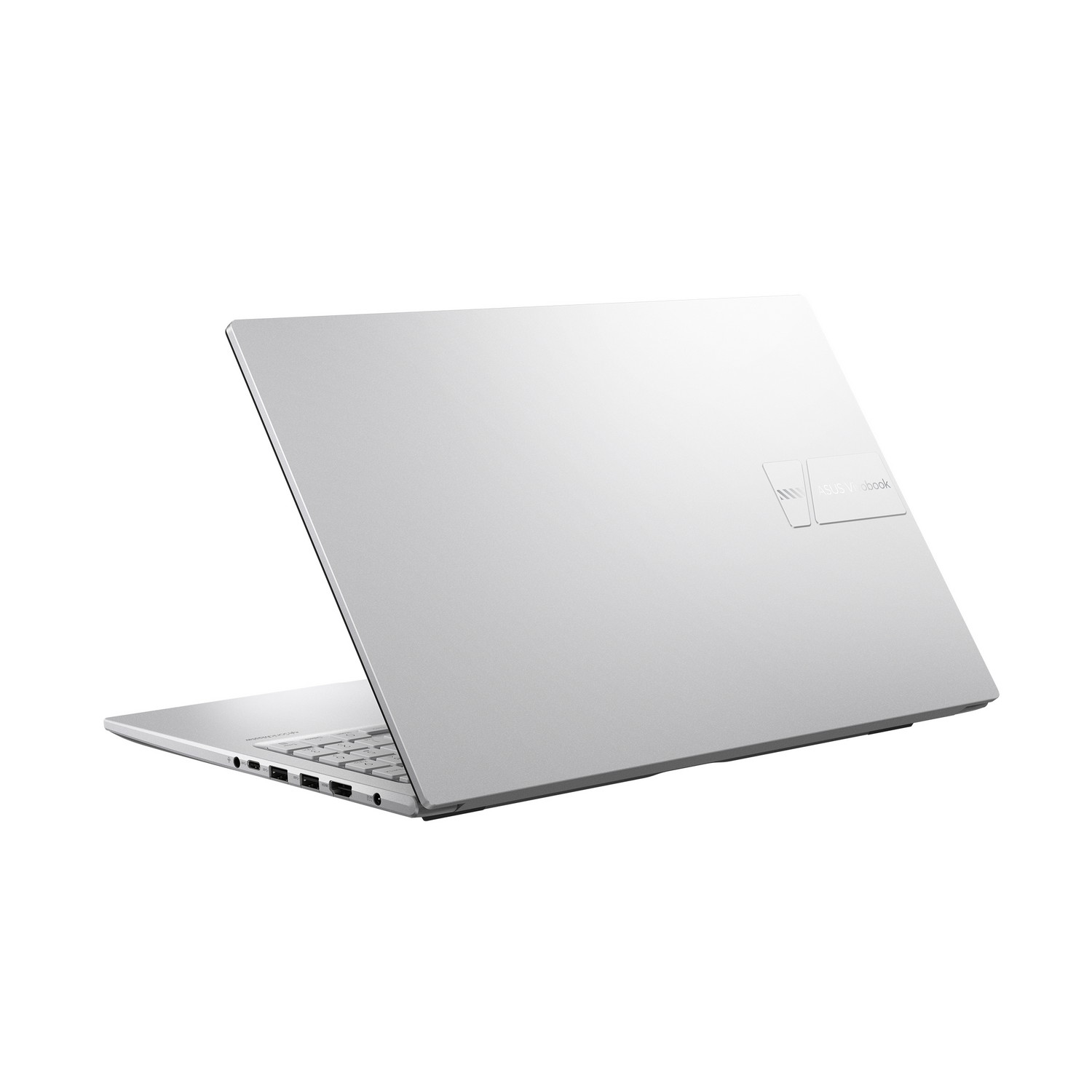 Portátil blanco, vista trasera con logo Vivobook. Abierto, ligeramente angulado.