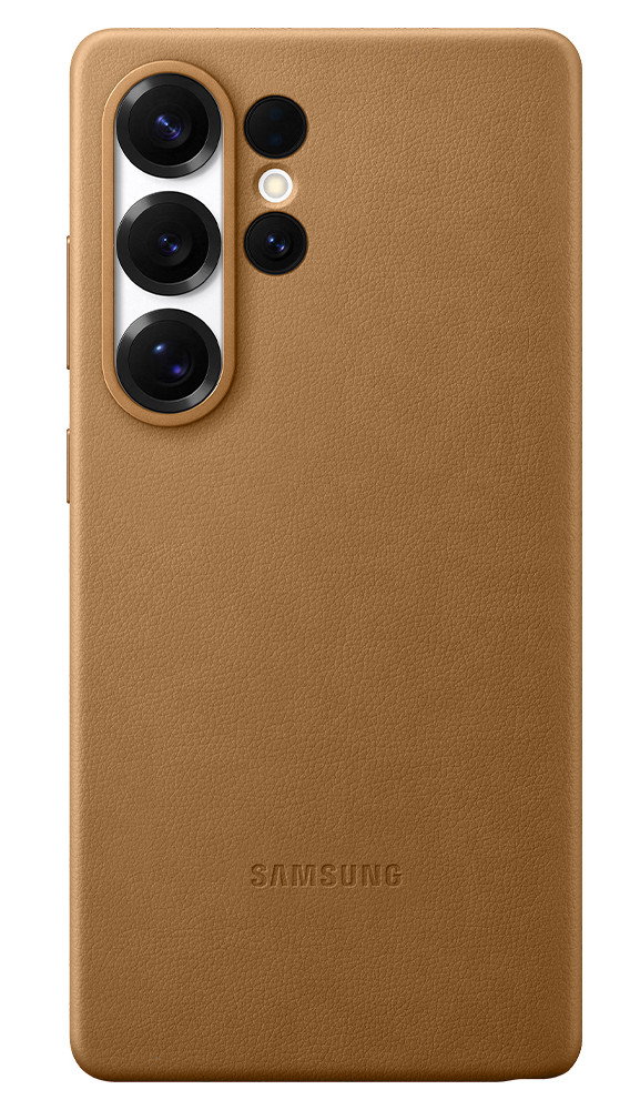 Brązowe etui na telefon z obiektywami aparatu. Logo Samsung na dole.