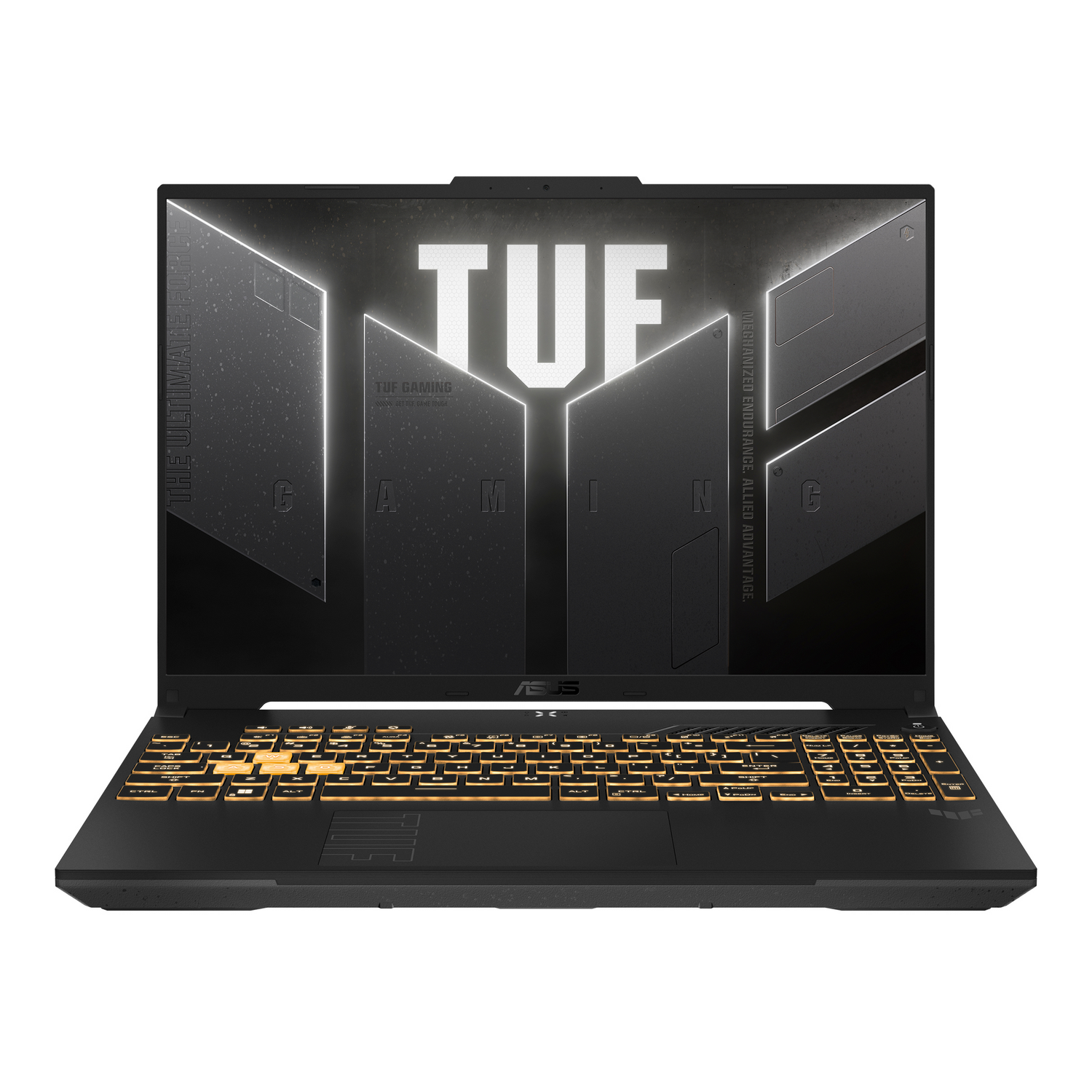 Portátil negro con teclado iluminado, logo TUF blanco en pantalla. Fondo negro.