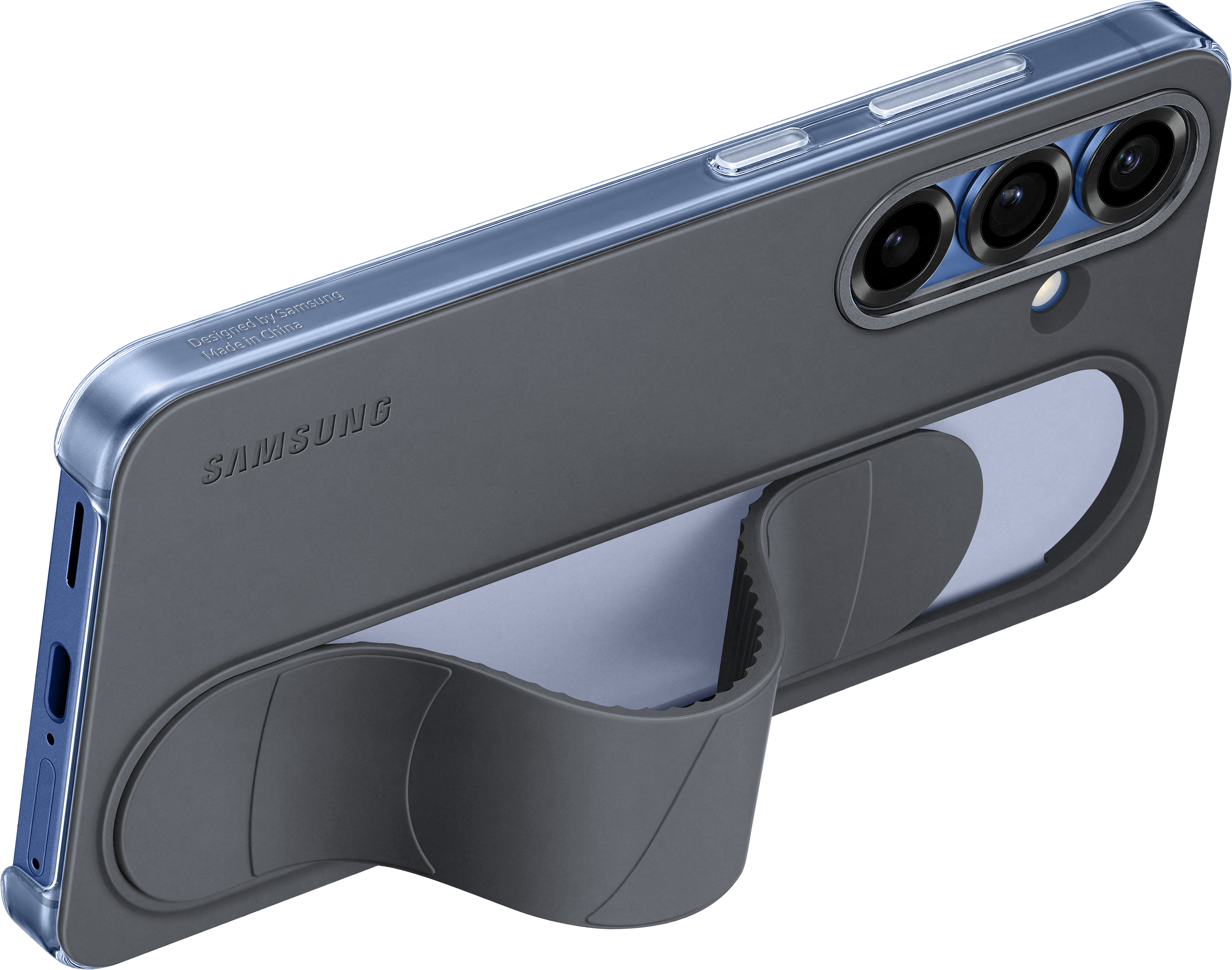 Un telefono Samsung grigio con una maniglia integrata sul retro e tre fotocamere.
