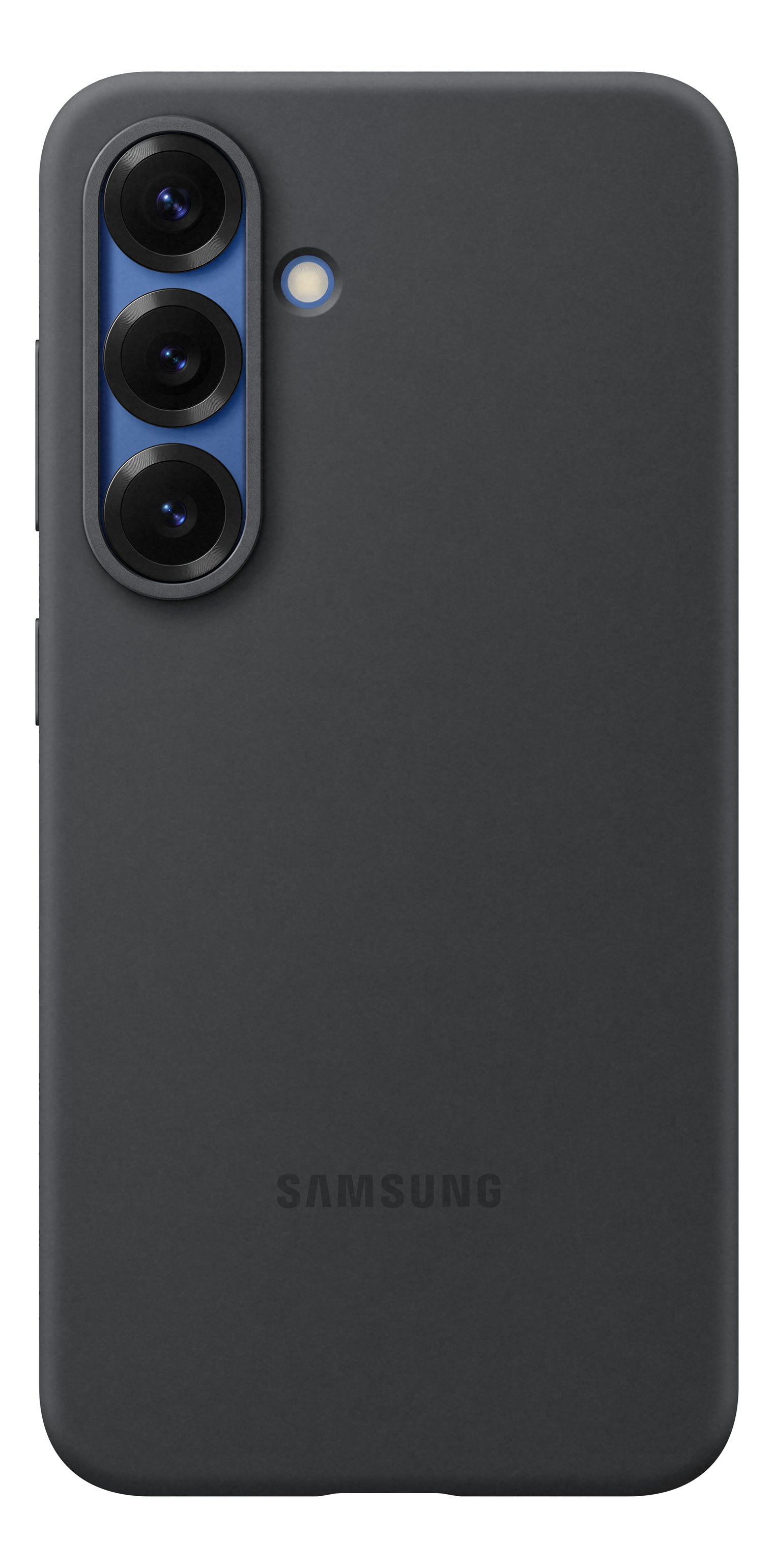 Dunkelgraues Samsung-Telefon. Mit Dreifachkameras und Samsung-Logo. Isoliert auf schwarzem Hintergrund.