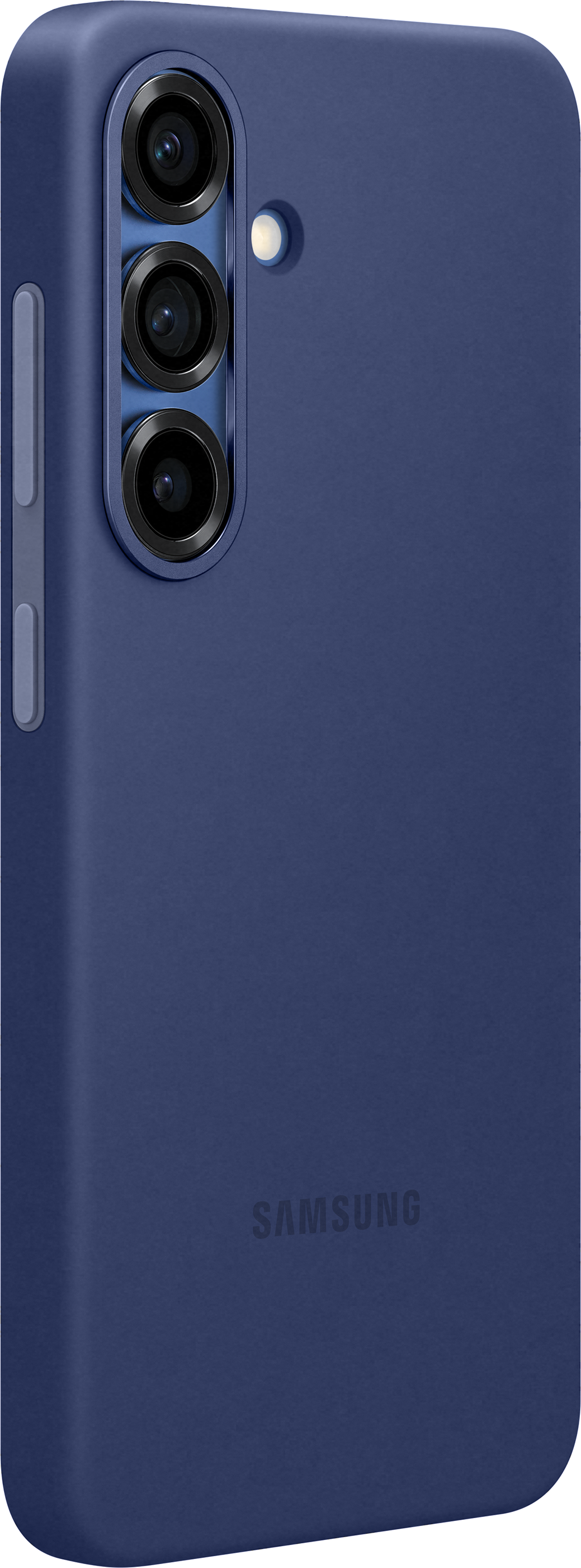 Coque de téléphone bleu marine avec trois caméras arrière et logo Samsung. Vue latérale.
