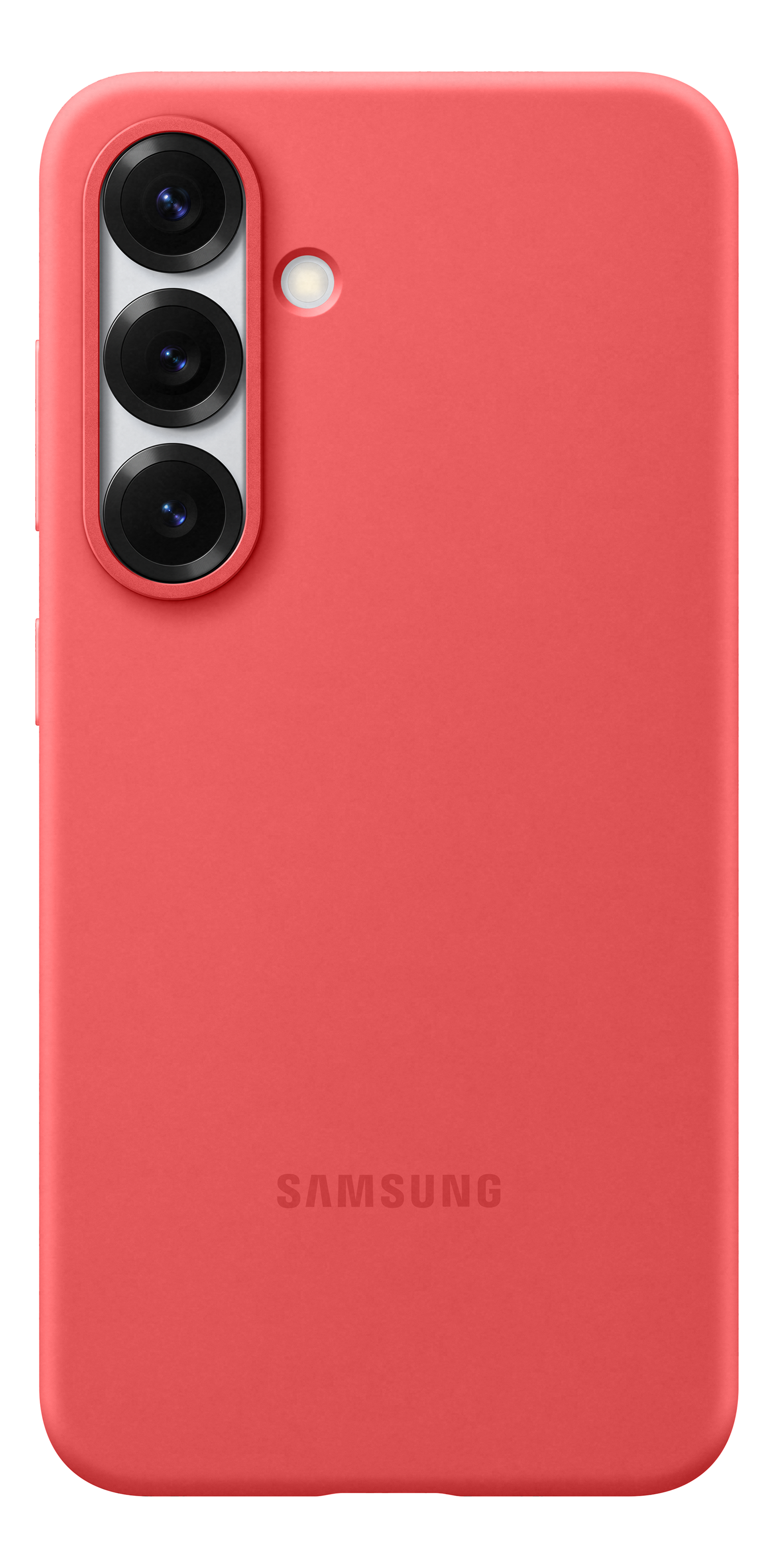 Una custodia rossa per telefono Samsung con tre obiettivi per fotocamera e il logo Samsung.