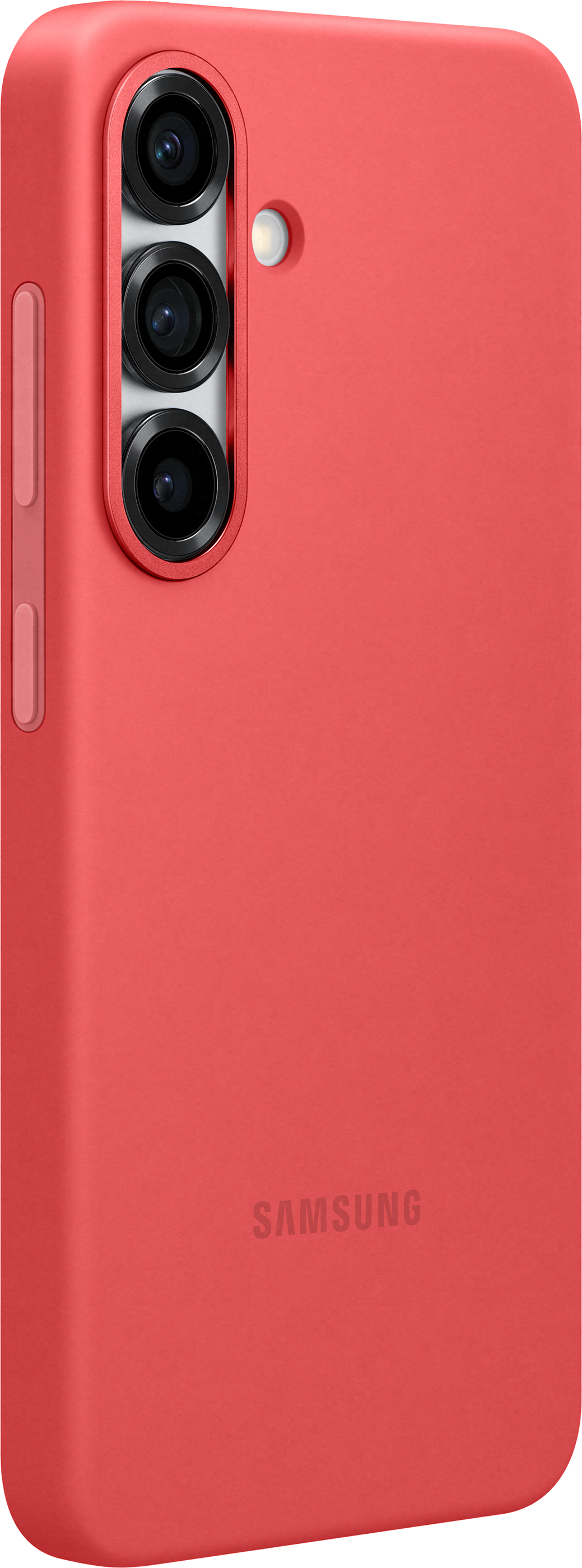 Una custodia rossa per telefono con tre fori per la fotocamera e il logo Samsung.