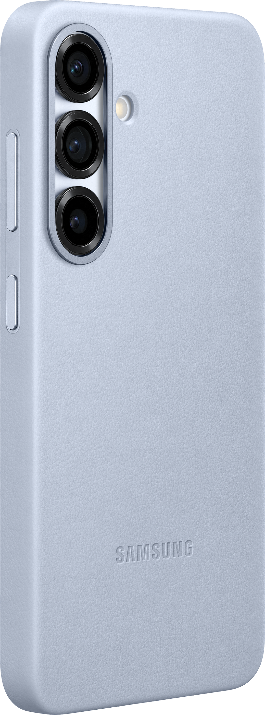 Custodia telefono azzurra con tre lenti fotocamera e logo Samsung.