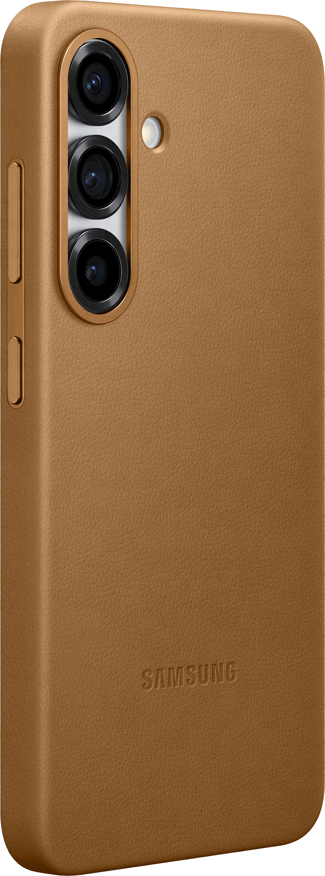 Un étui de téléphone en cuir marron avec trois objectifs d'appareil photo et un logo Samsung. L'étui a un design incurvé.