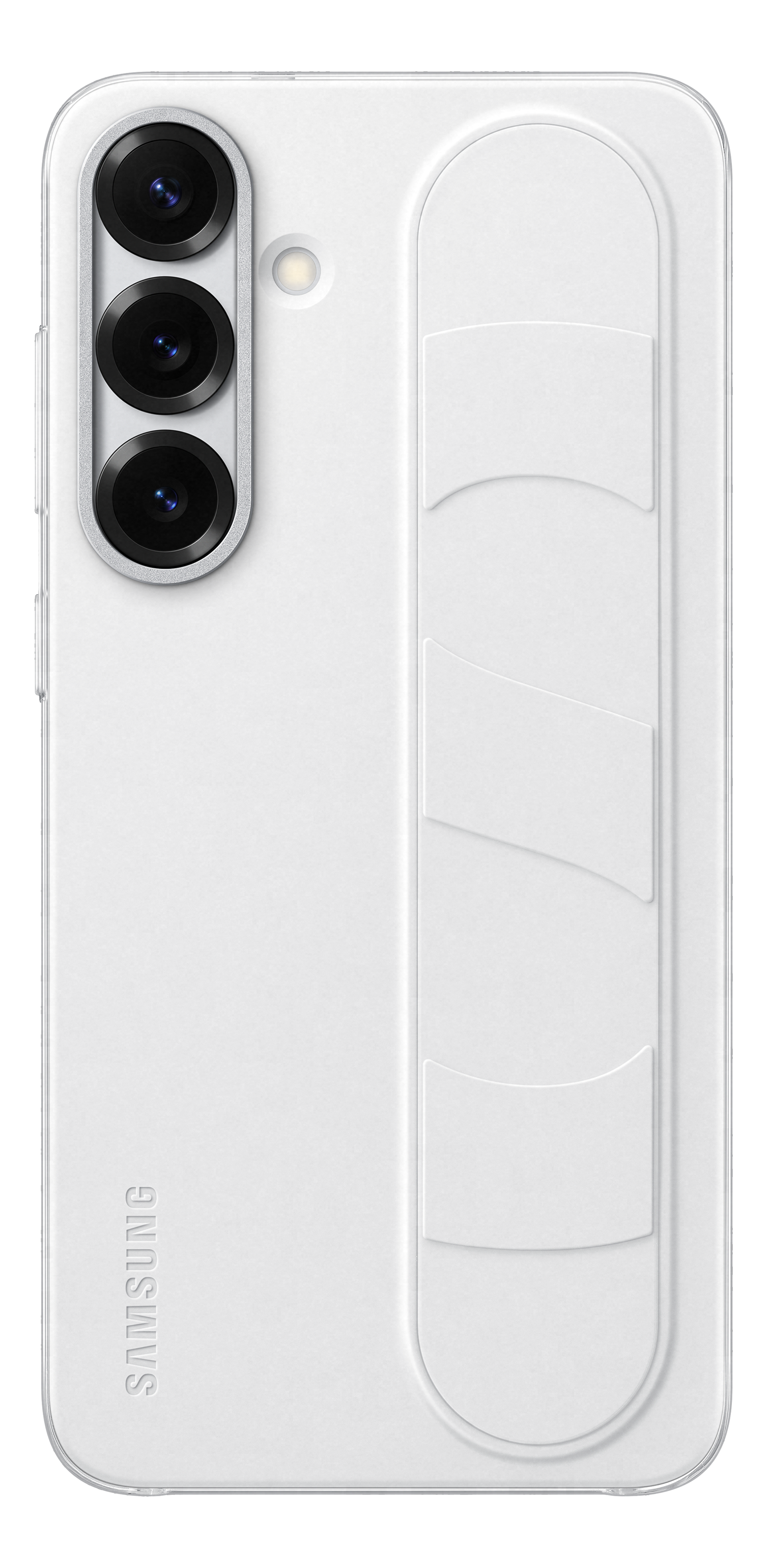 Retro del telefono bianco con tre fotocamere e un design su sfondo nero.