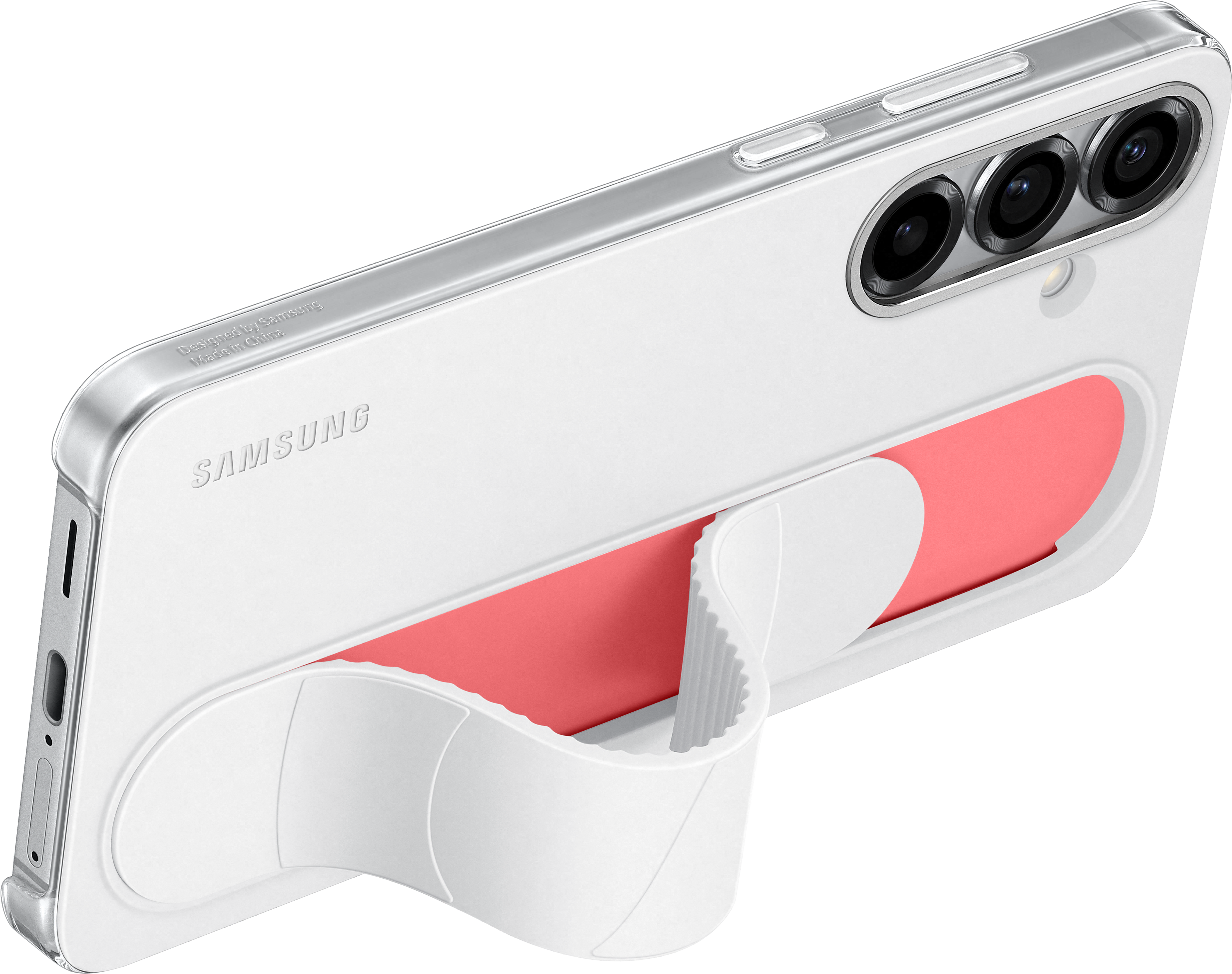Custodia bianca con supporto rosa e lenti della fotocamera. Logo Samsung visibile.