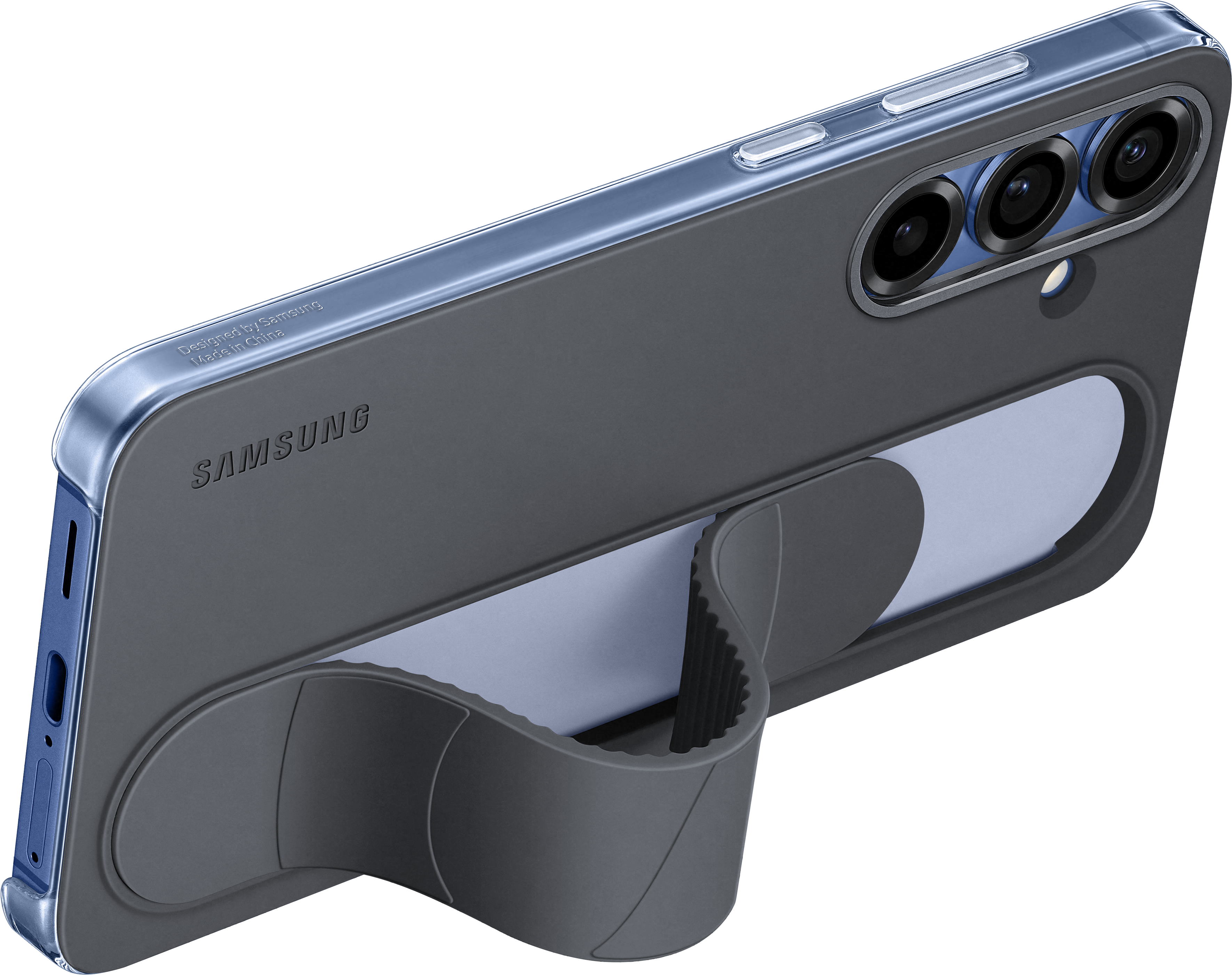 Custodia grigia per telefono con supporto e telefono con tripla fotocamera. Il logo Samsung è visibile.