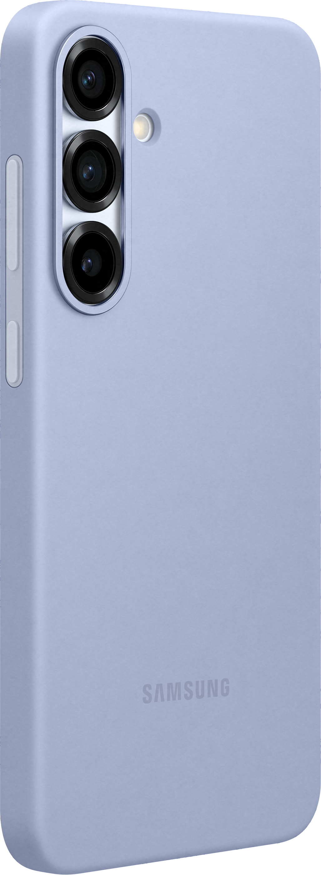 Una custodia per telefono viola chiaro con tre obiettivi della fotocamera e il logo Samsung.