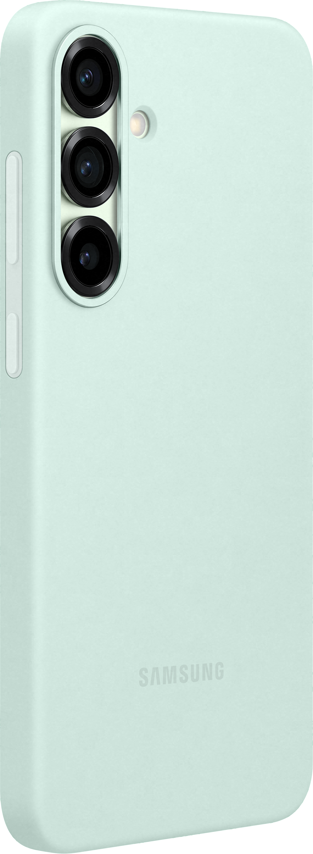 L'arrière d'un téléphone vert menthe avec trois caméras. Le logo Samsung est visible.