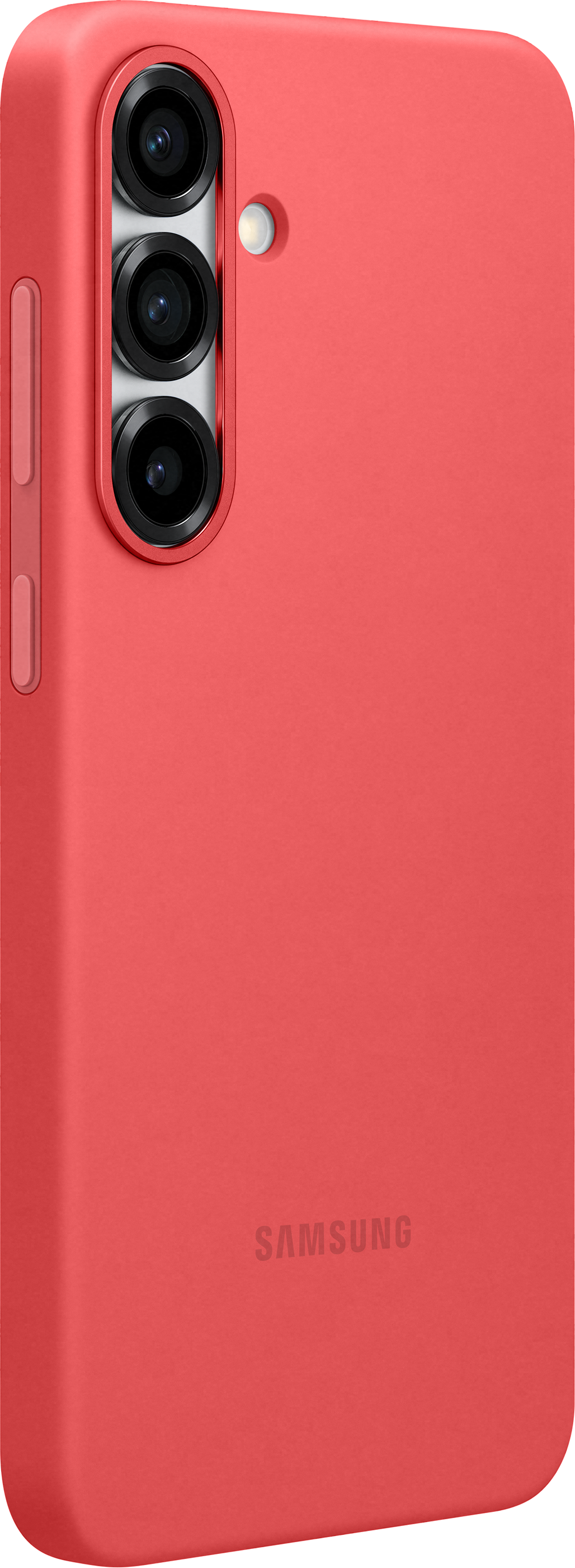 Coque de téléphone rouge avec trois caméras et un logo Samsung.