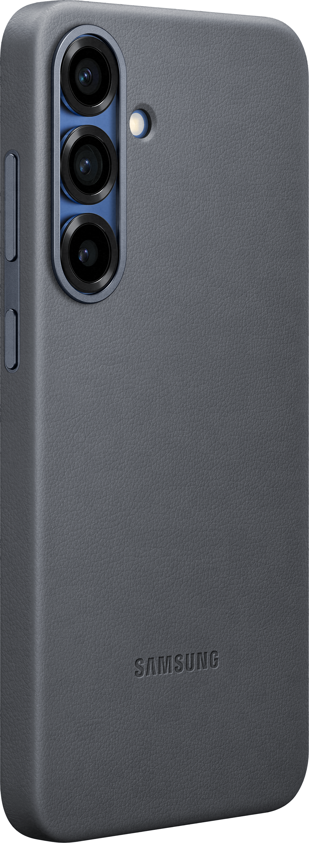 Smartphone bleu avec écran bleu, fond blanc.