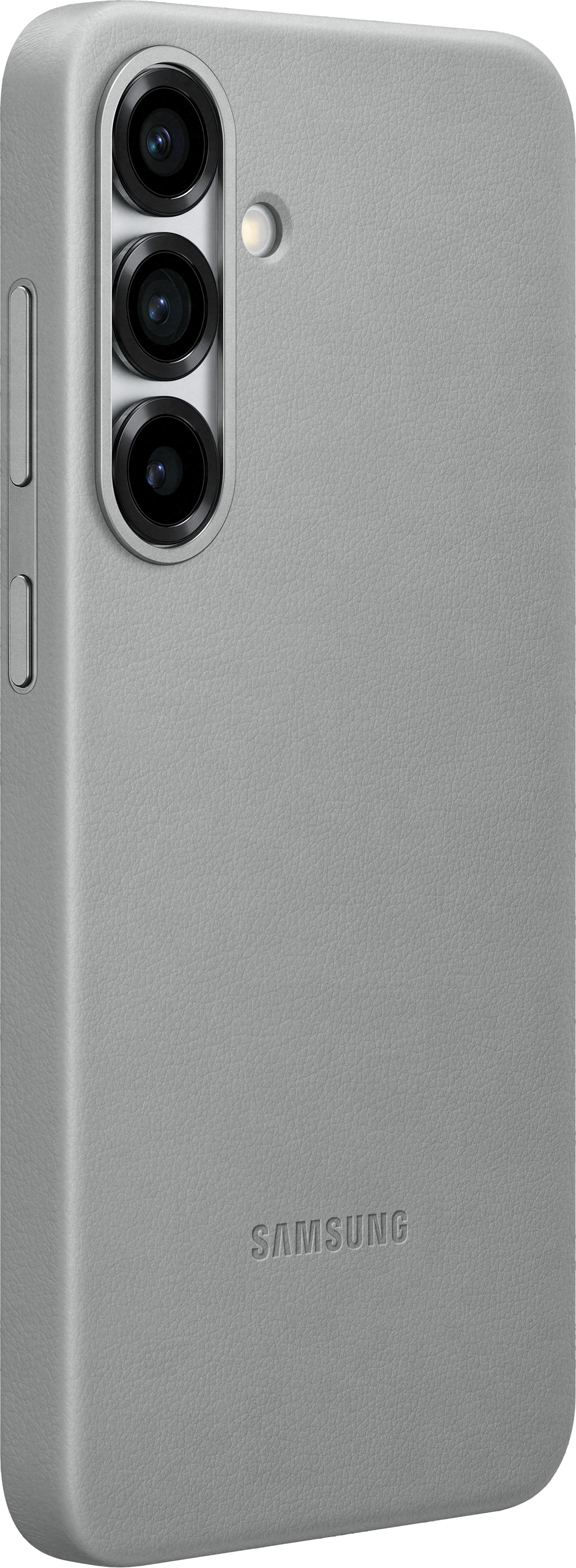 Coque de téléphone grise avec un ensemble de caméras à trois lentilles et le logo Samsung.