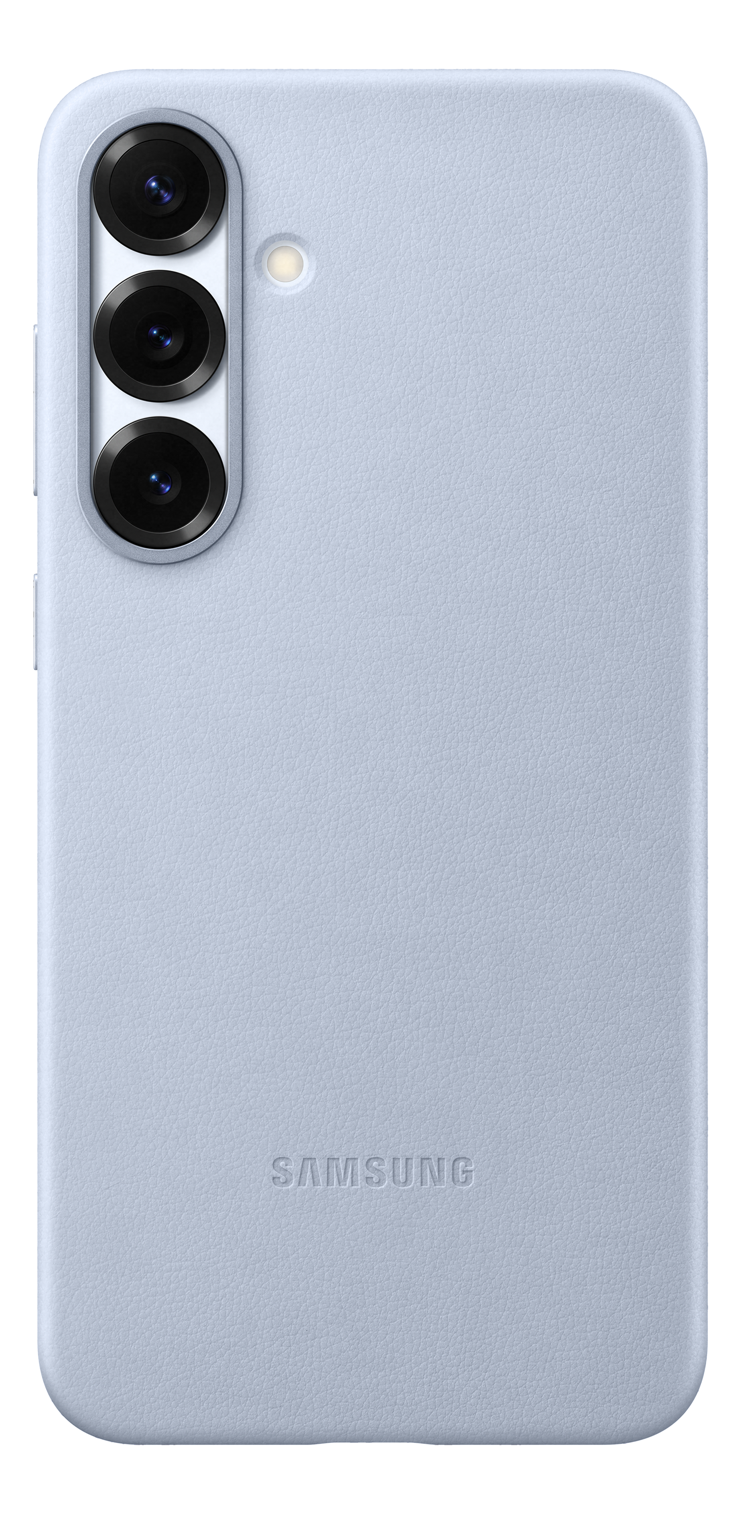 Coque de téléphone bleu clair avec trois caméras et le logo Samsung.