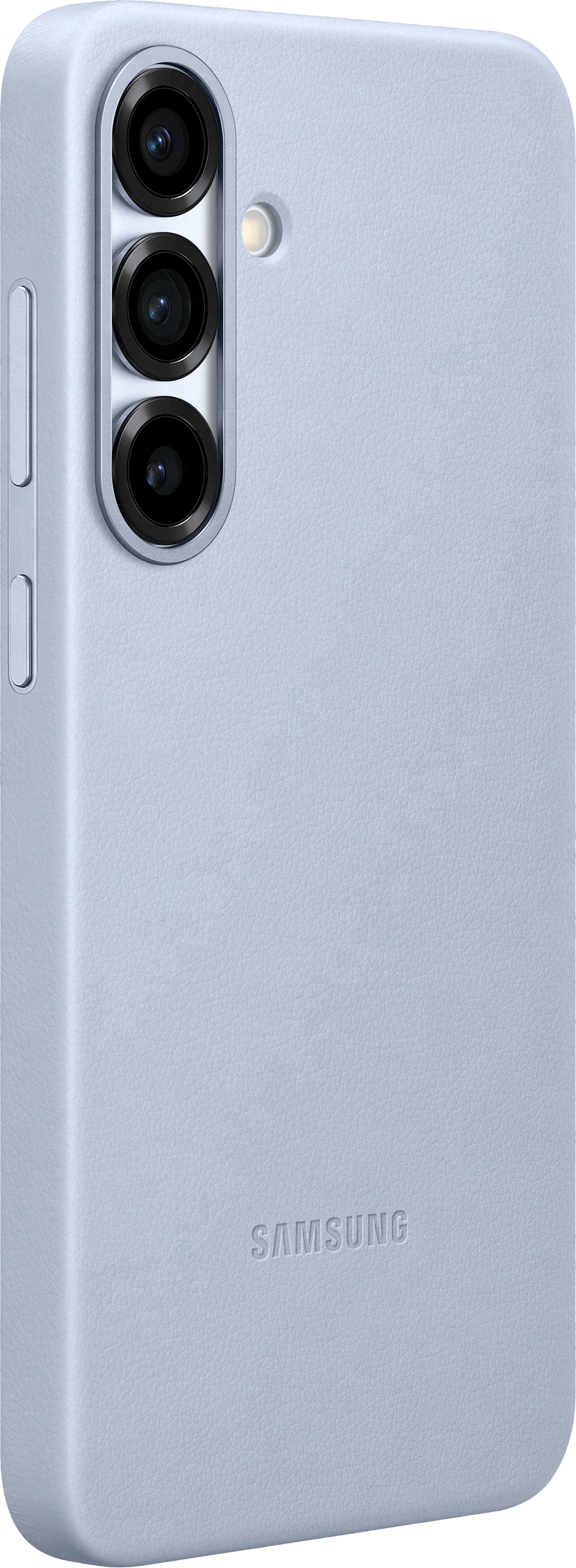 Coque de téléphone bleu clair avec trois caméras et le logo Samsung au dos.