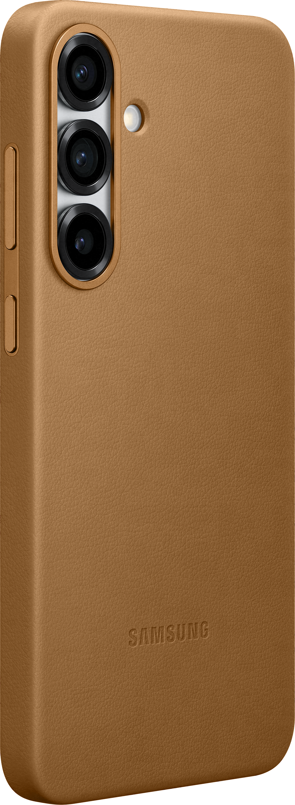 Custodia marrone con tre obiettivi della fotocamera e logo Samsung, vista laterale.