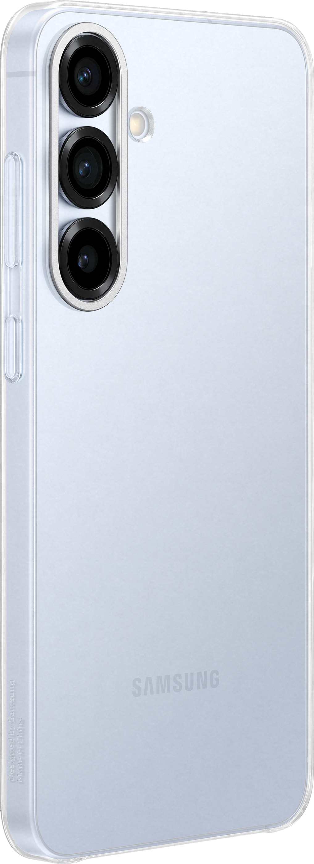 Telefono argentato con custodia, fotocamere visibili, logo Samsung.
