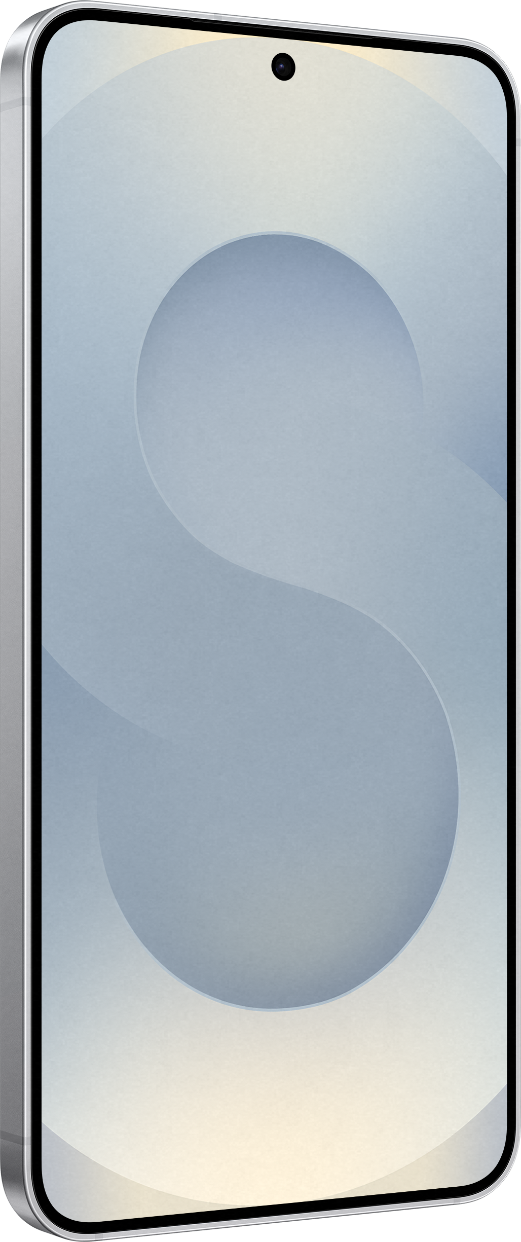 Ein weißes Smartphone, Seitenansicht. Das Telefon hat eine Kamera. Der Bildschirm zeigt ein weißes „S“-Design.