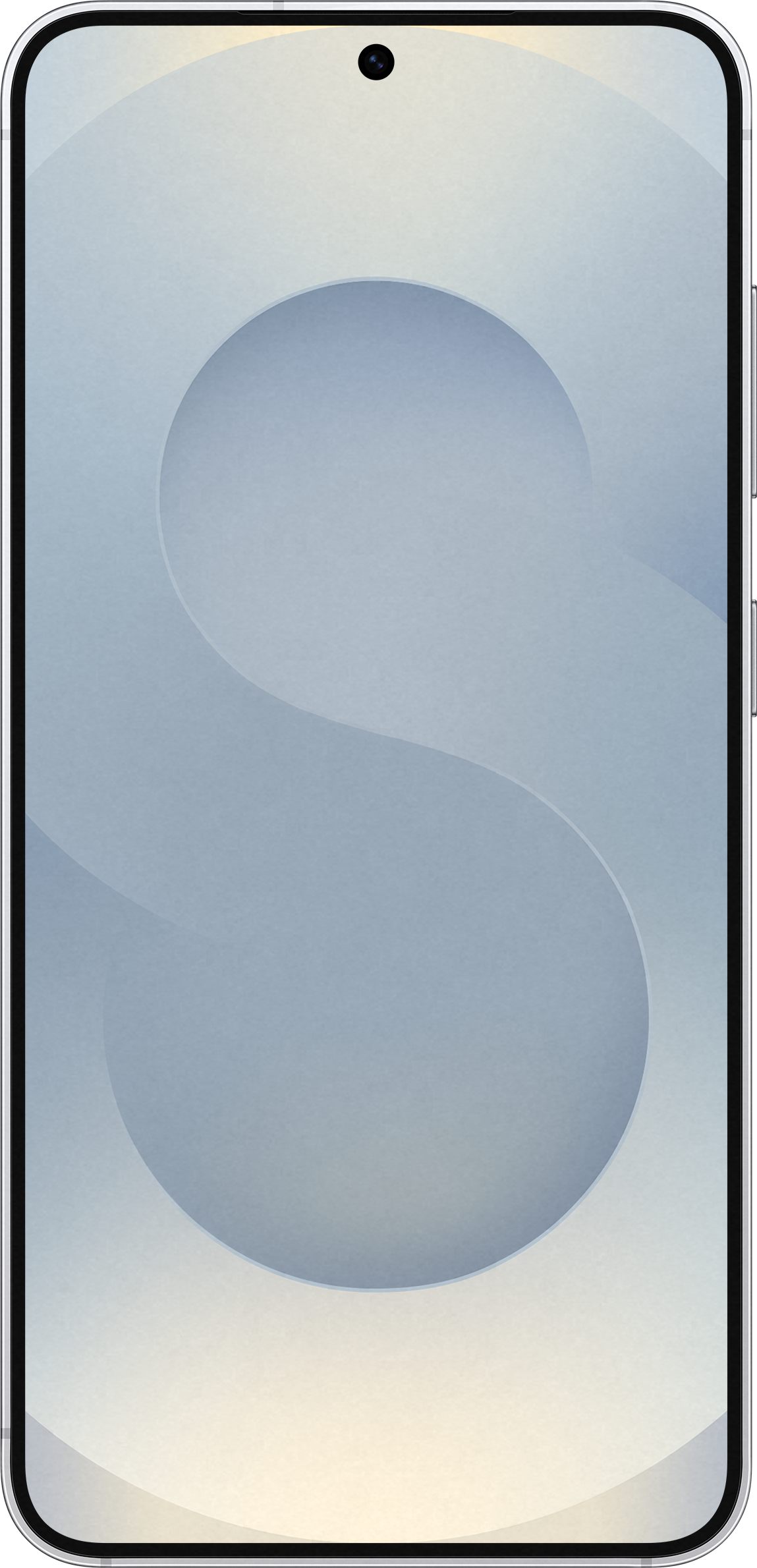 Ein helllila Smartphone mit einem großen, hellblauen 'S' auf dem Bildschirm.