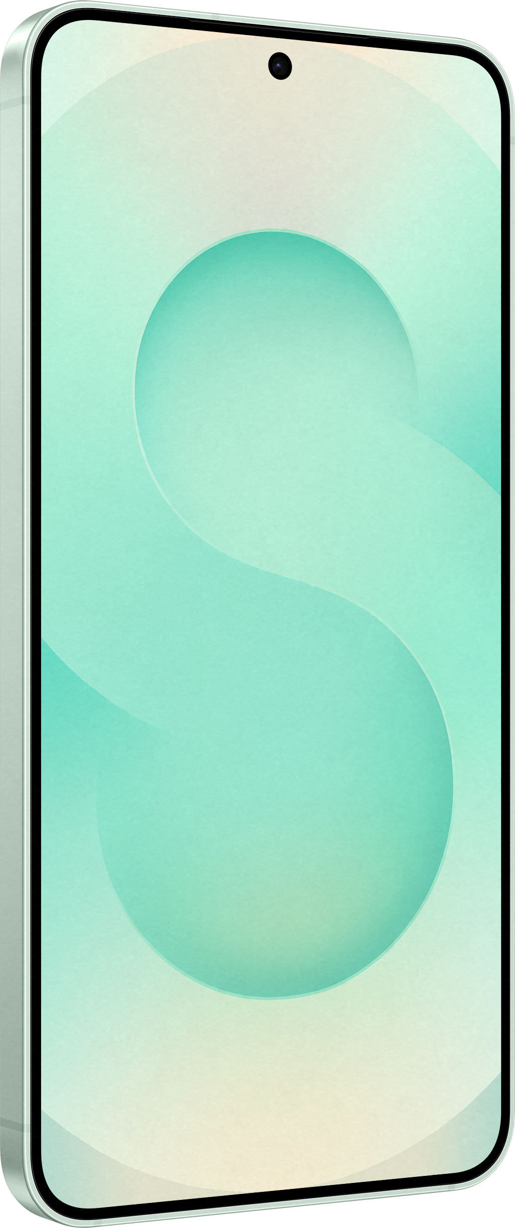 Ein mintgrünes Samsung Galaxy S25 Smartphone mit gebogenem Bildschirm auf weißem Hintergrund.