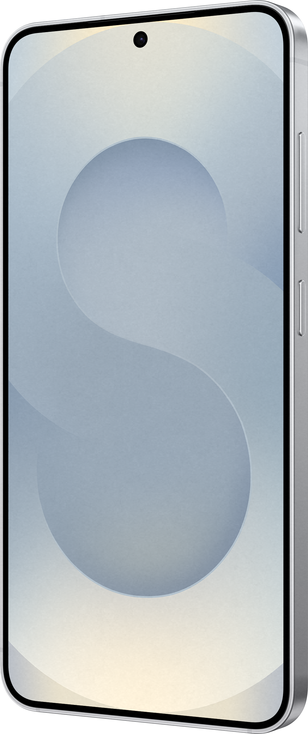 Ein Smartphone, das in einem Winkel gezeigt wird, mit einem großen 'S'-Design auf dem Bildschirm.