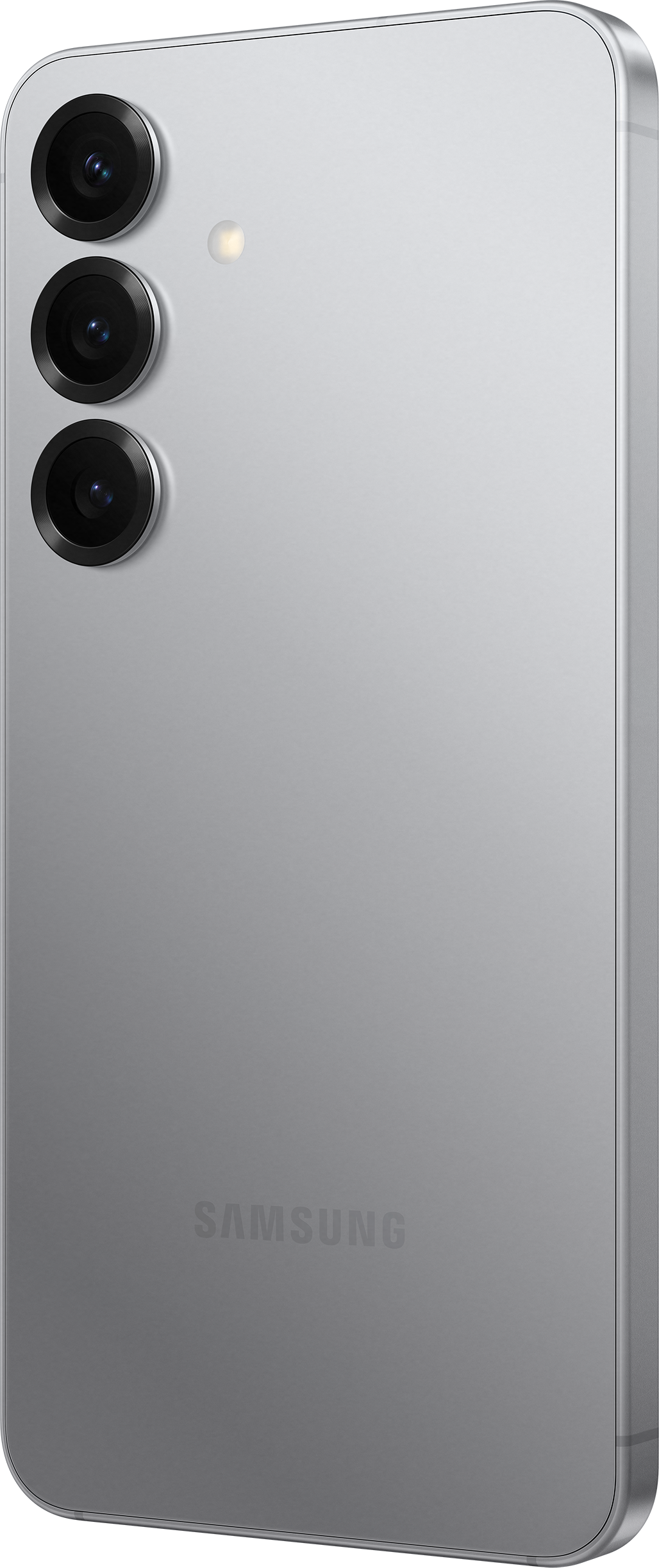 Silberne Telefonrückseite mit Kameralinsen. Samsung-Logo. Schwarzer Hintergrund.