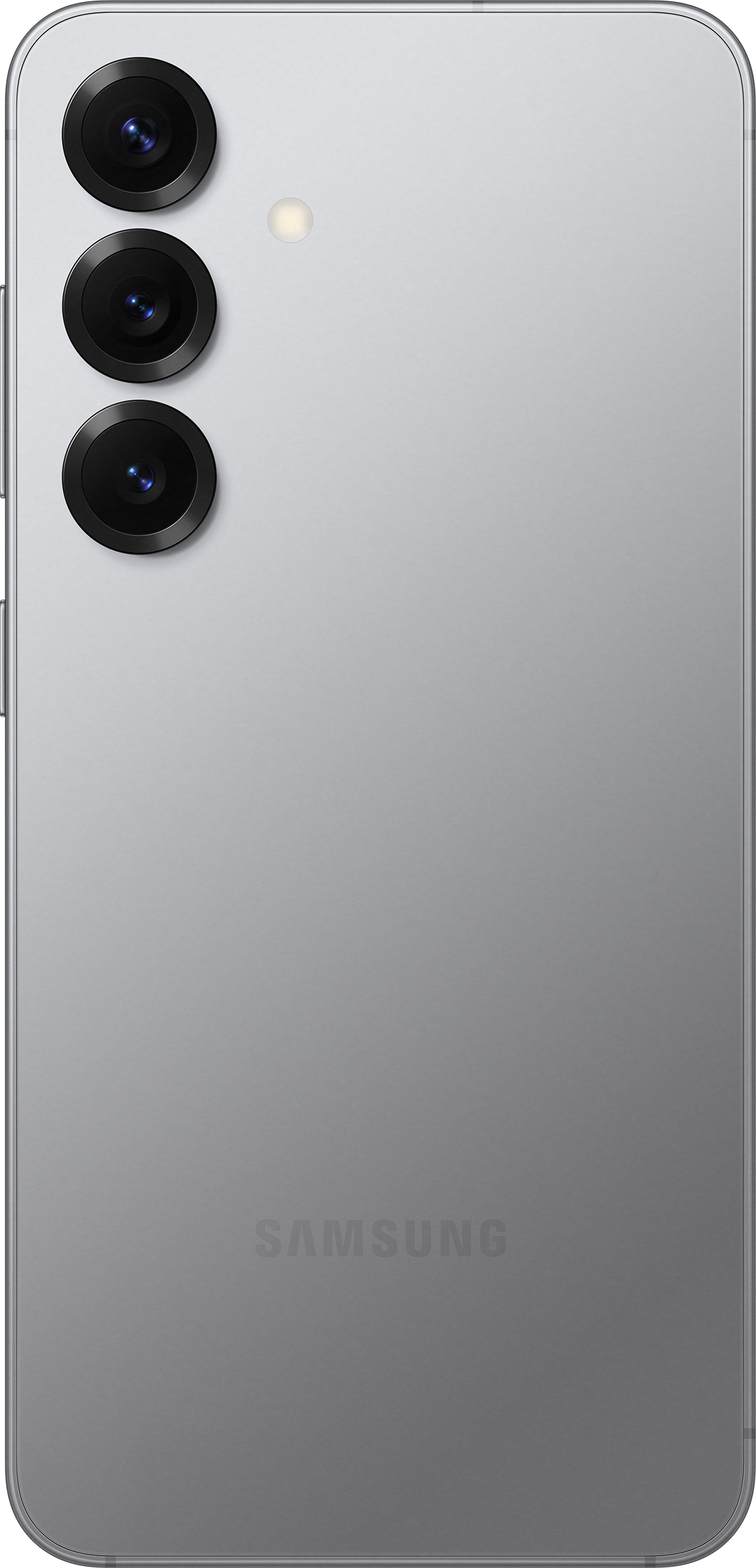 Silberne Telefonrückseite mit drei Kameras und Samsung-Logo. Schwarzer Hintergrund.