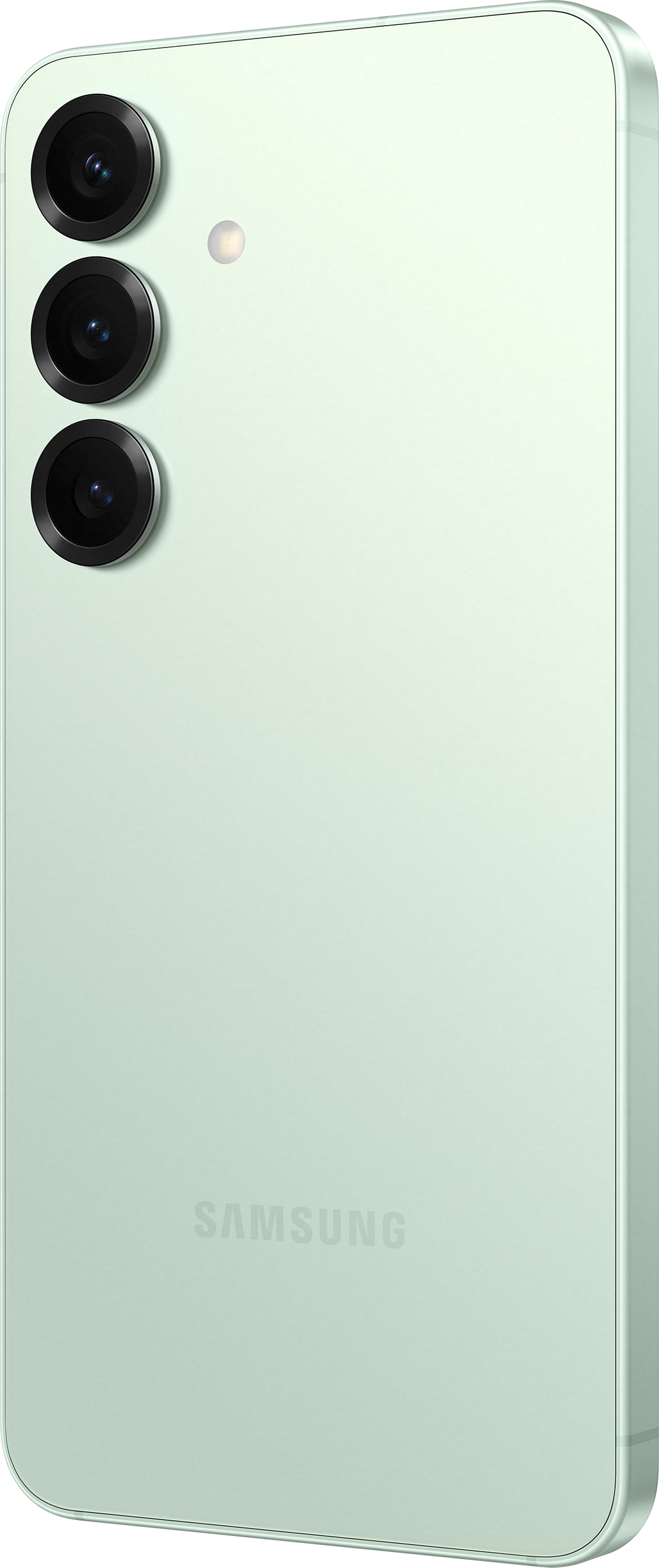 Grünes Smartphone mit Dreifach-Kamera und Blitz. Die Rückseite ist leicht angewinkelt.