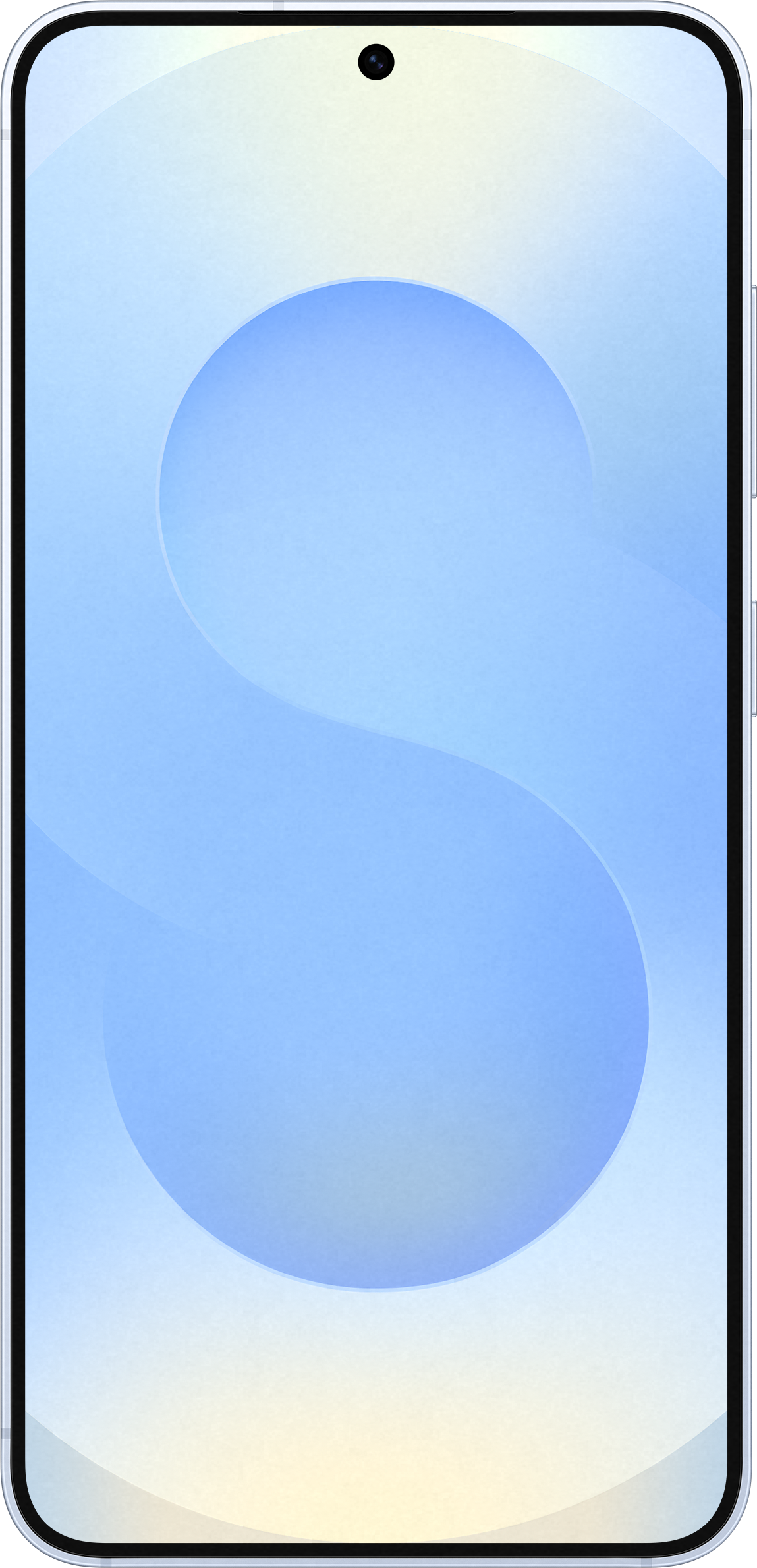 Smartphone mit hellblauem Bildschirm und schwarzem Rand. Oben befindet sich ein kleines Kameraloch.