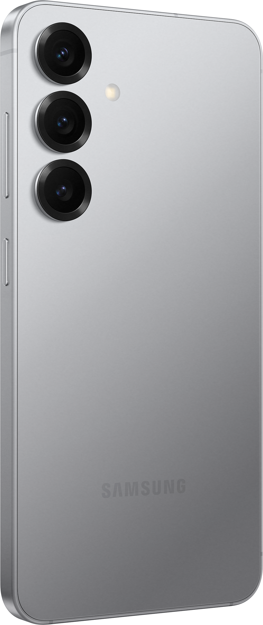 Rückseite eines silbernen Samsung-Telefons mit drei Kameralinsen und Samsung-Logo.
