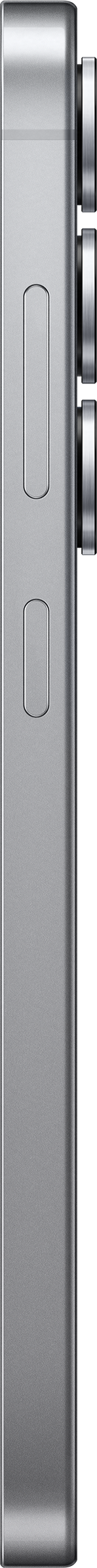 Ein langes, silbernes Smartphone mit Kamera und Knöpfen an der Seite. Der Hintergrund ist schwarz.