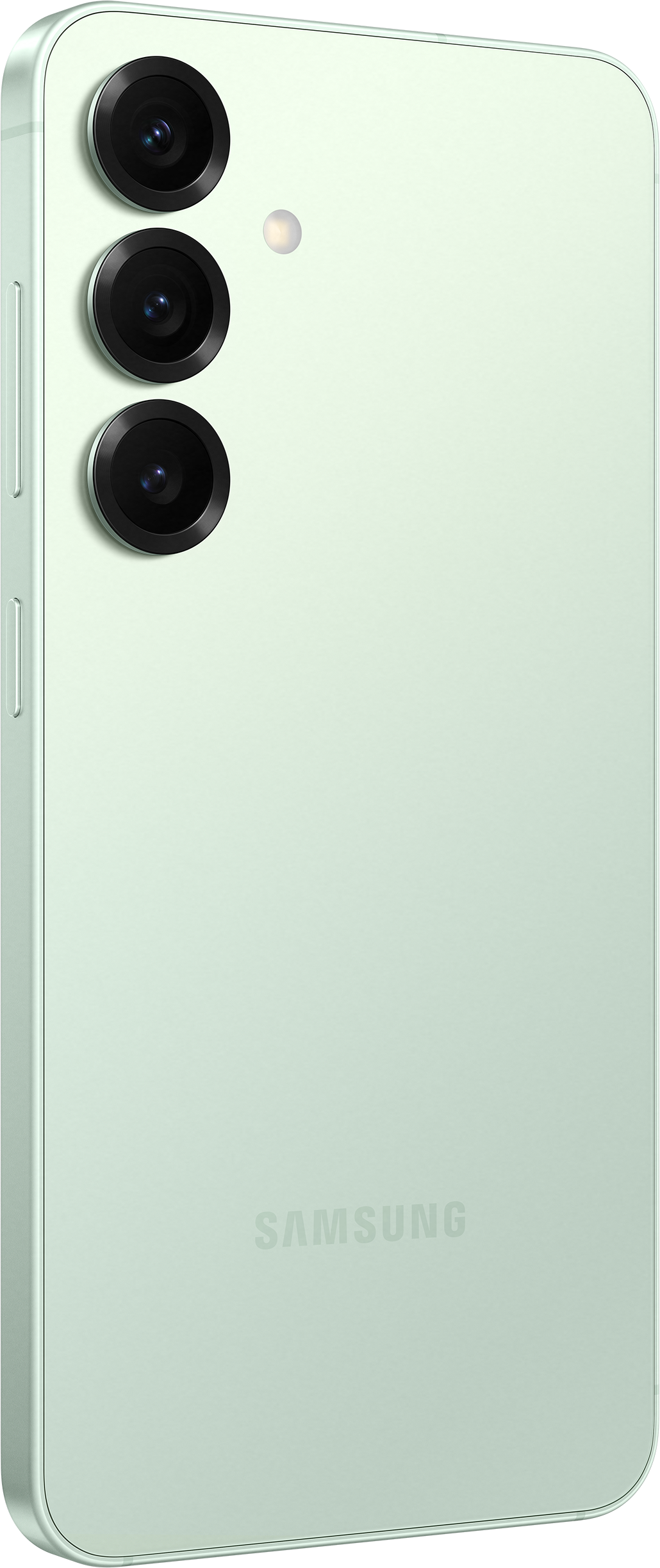 Ein mintgrünes Samsung-Telefon mit drei Rückkameras. Die Kameralinsen sind sichtbar.