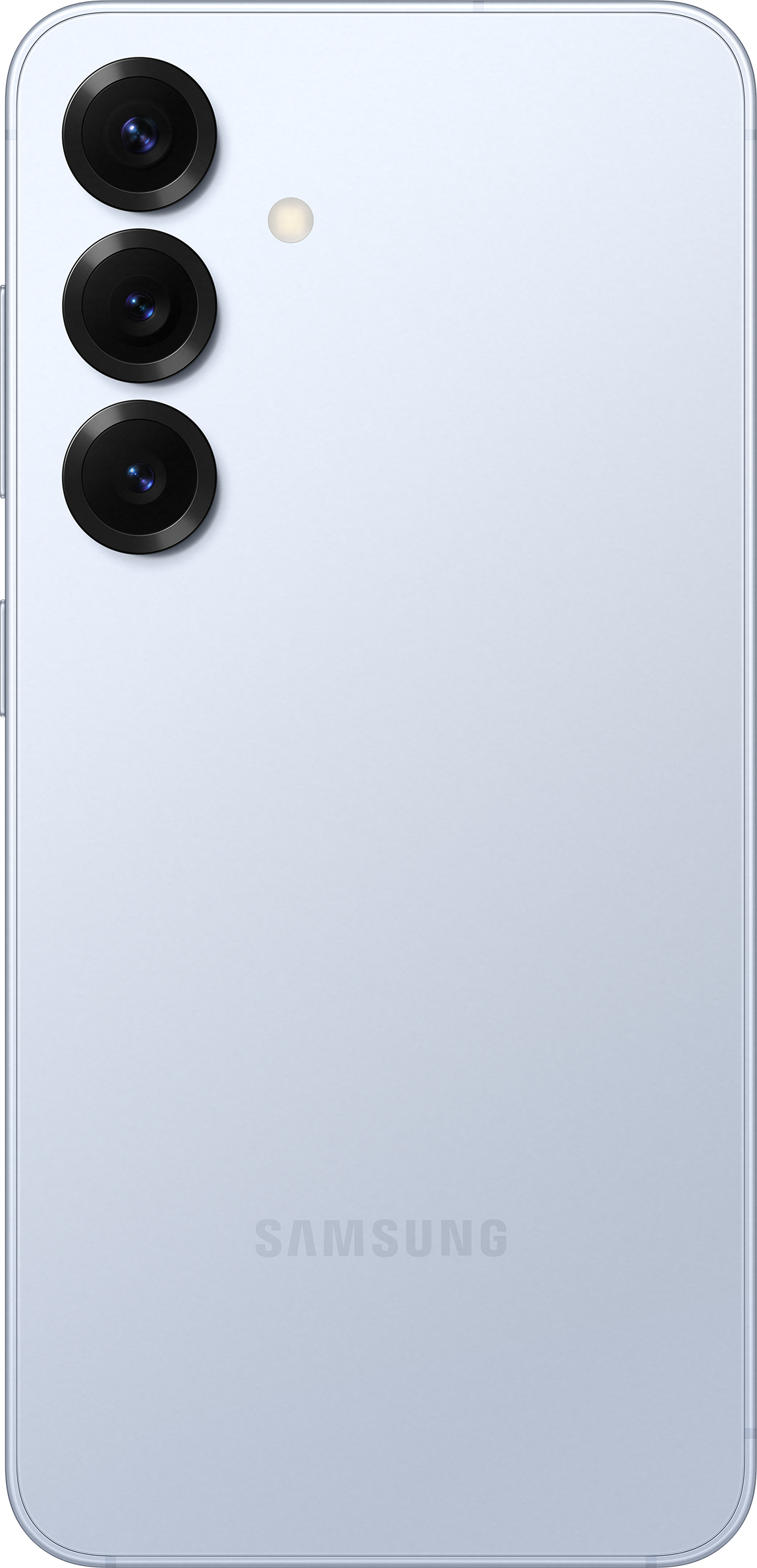 Ein hellblaues Telefon, Rückansicht, mit drei Kameralinsen.