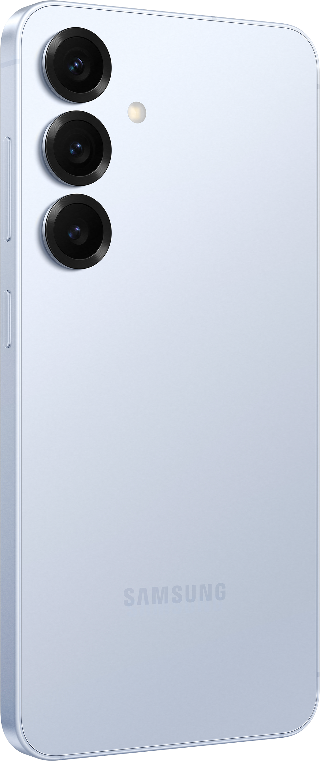 Ein hellblaues Telefon, Rückansicht, mit drei Kameras und Blitz.
