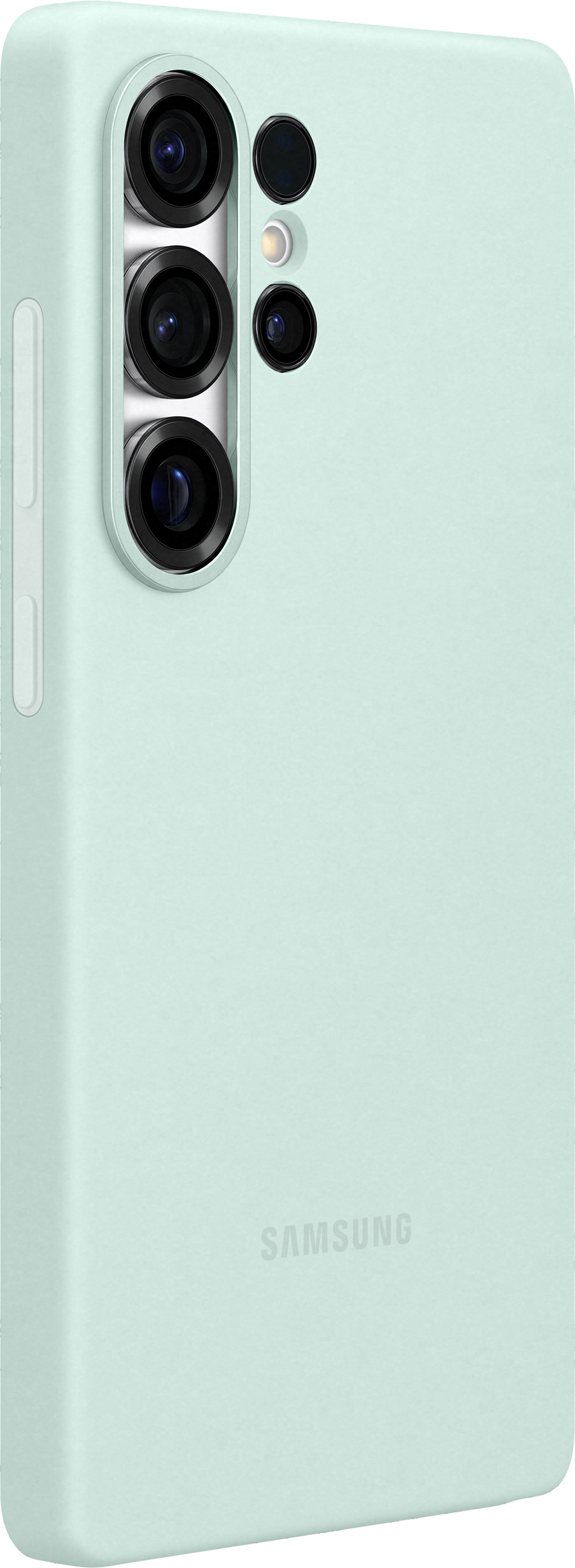 Un telefono verde menta con fotocamera posteriore e logo Samsung.