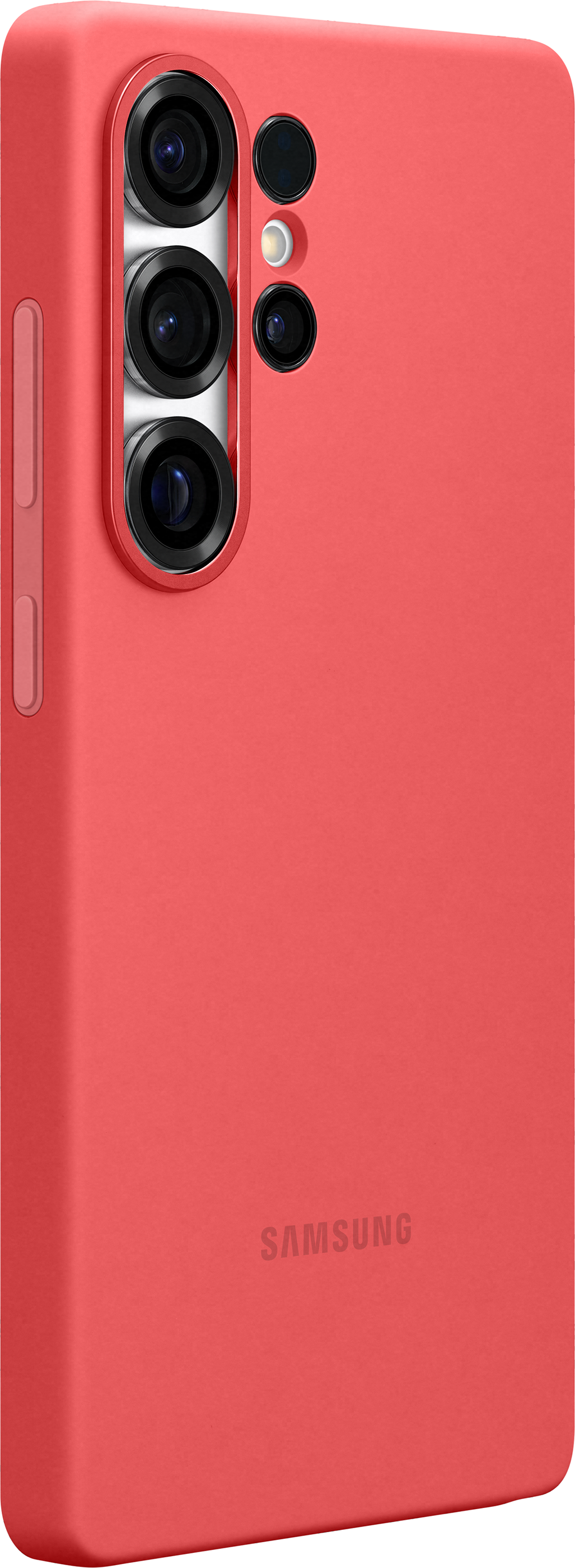 Una custodia per telefono rossa con il logo Samsung sul retro inferiore e un modulo fotocamera con più lenti.