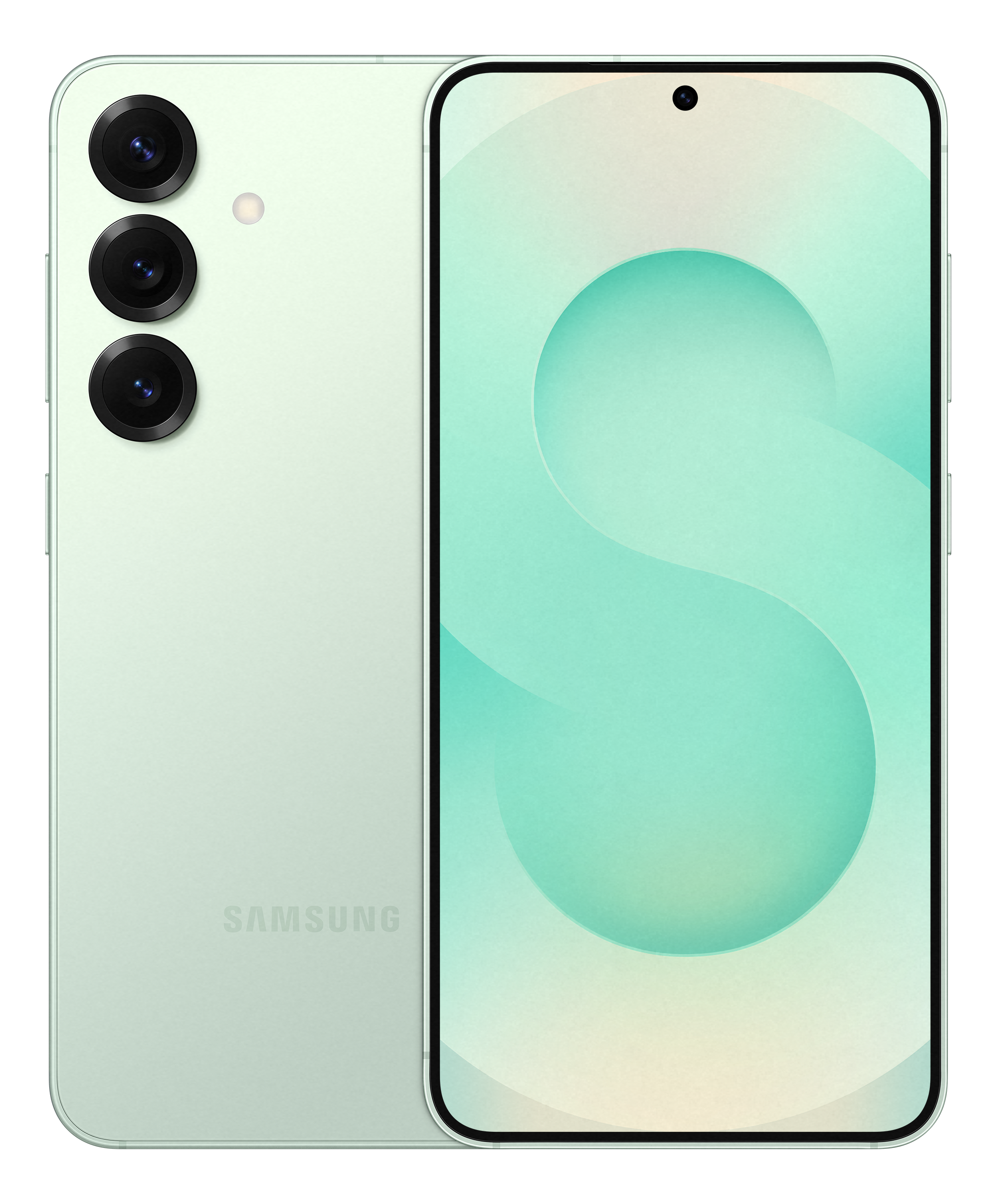 Grünes Telefon mit blauem Bildschirmdesign und Dreifachkamera auf der Rückseite.