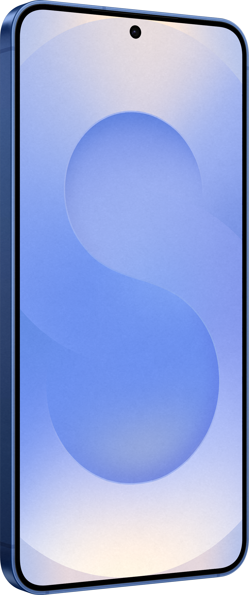 Blaues Smartphone, geschwungener Bildschirm. 'S'-Design auf dem Bildschirm. Weißer Hintergrund. Perspektivansicht.