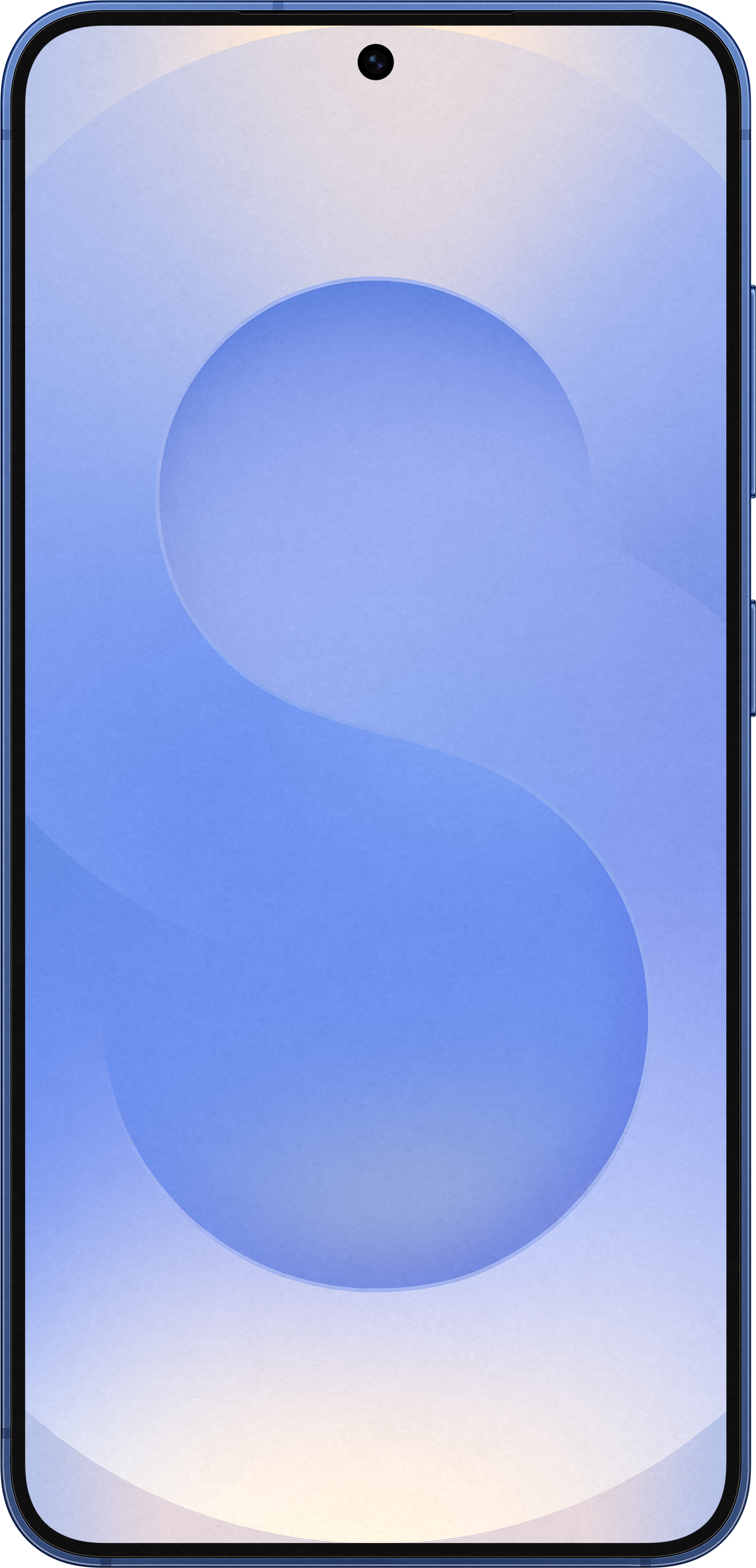 Ein blaues Smartphone mit einem großen, hellblauen 'S' auf dem Bildschirm.