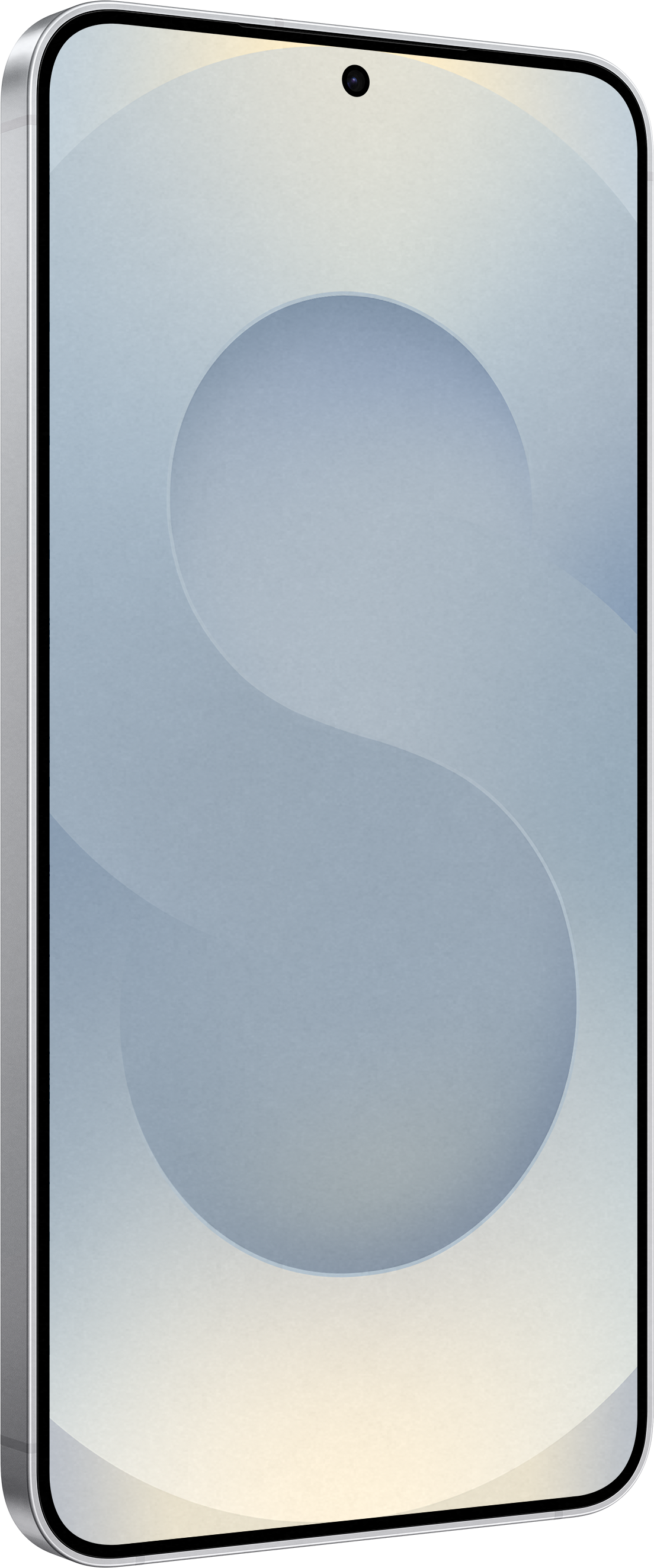 Silbernes Telefon mit Bildschirm, der ein weißes 'S'-Design zeigt. Weißer Hintergrund.